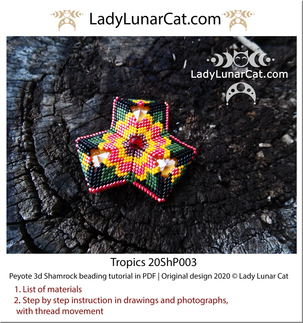 Beading tutorial Peyote 3d Shamrock Tropics 20ShP003 Step by step instruction LadyLunarCat