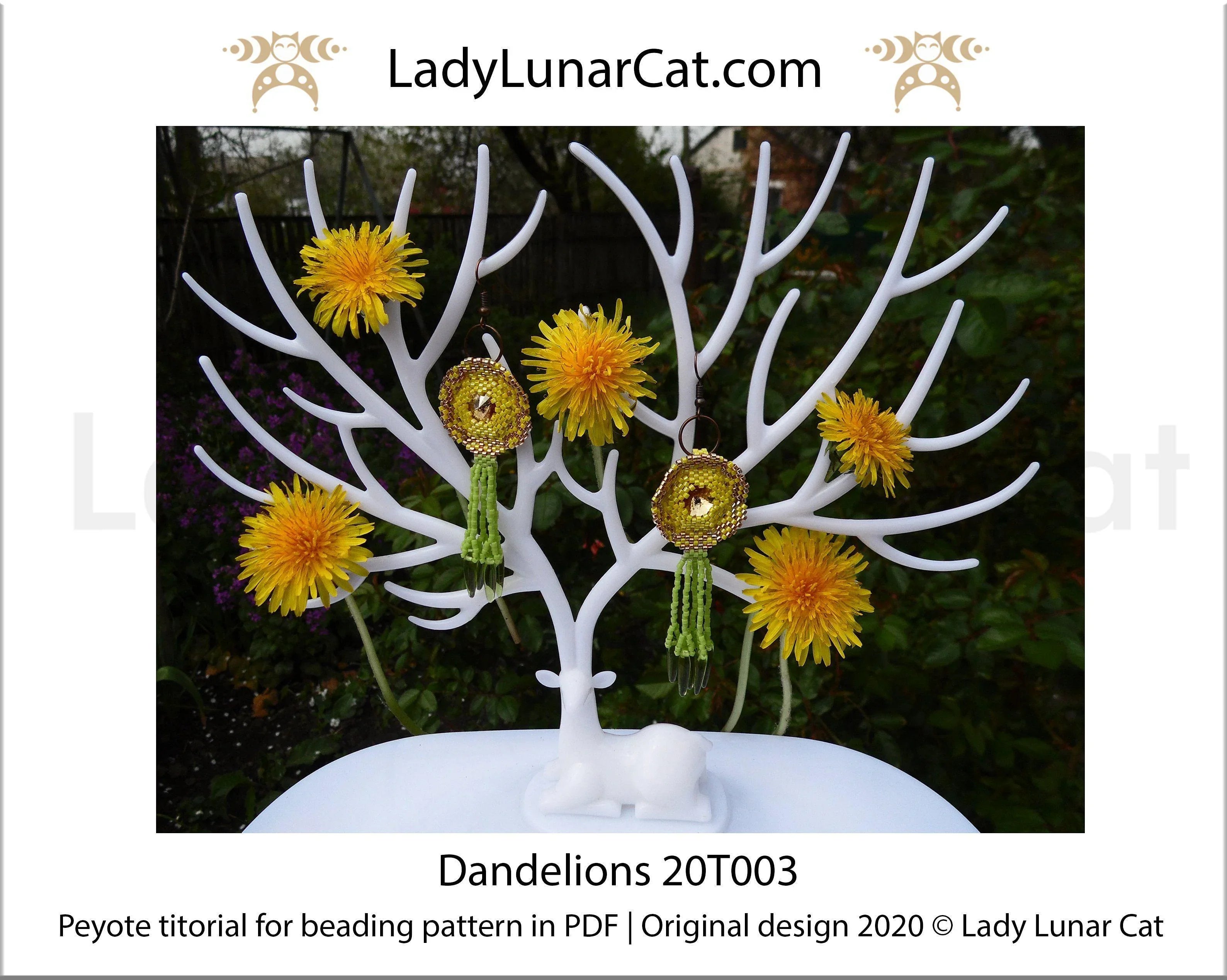 Dandelions beaded earring pair - yellow green spring dandelion design LadyLunarCat
