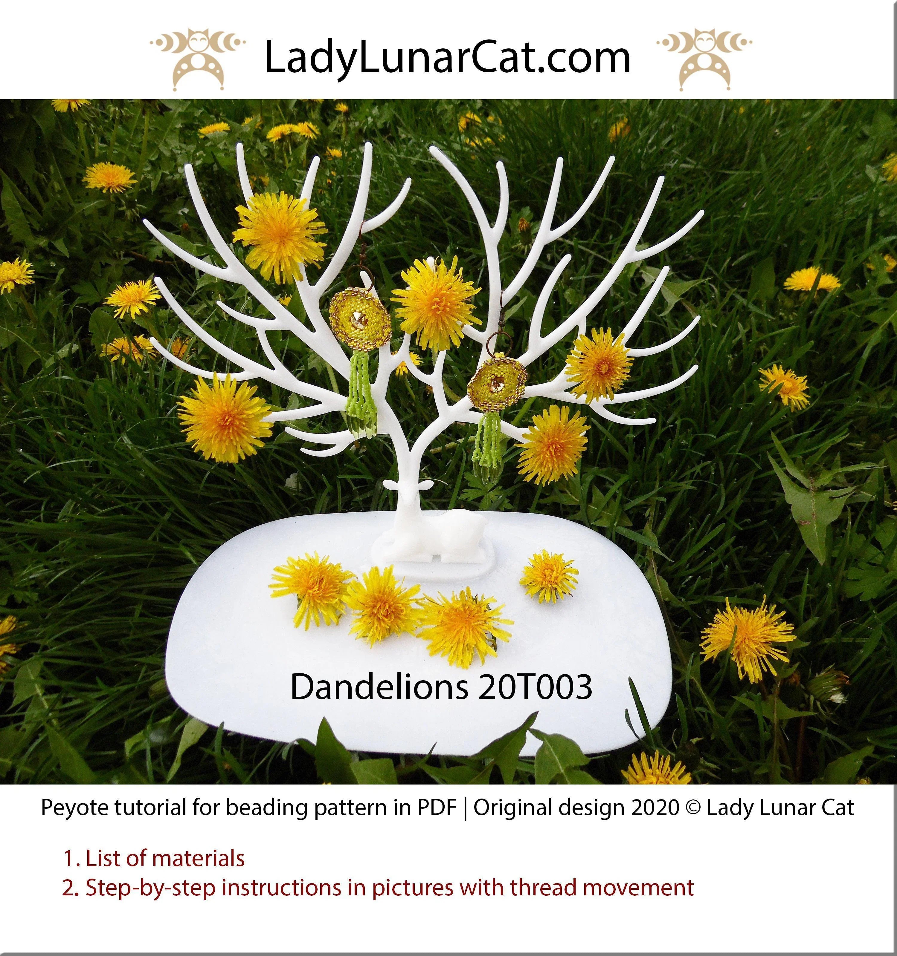 Dandelions peyote earring step by step - tutorial photos and text PDF LadyLunarCat