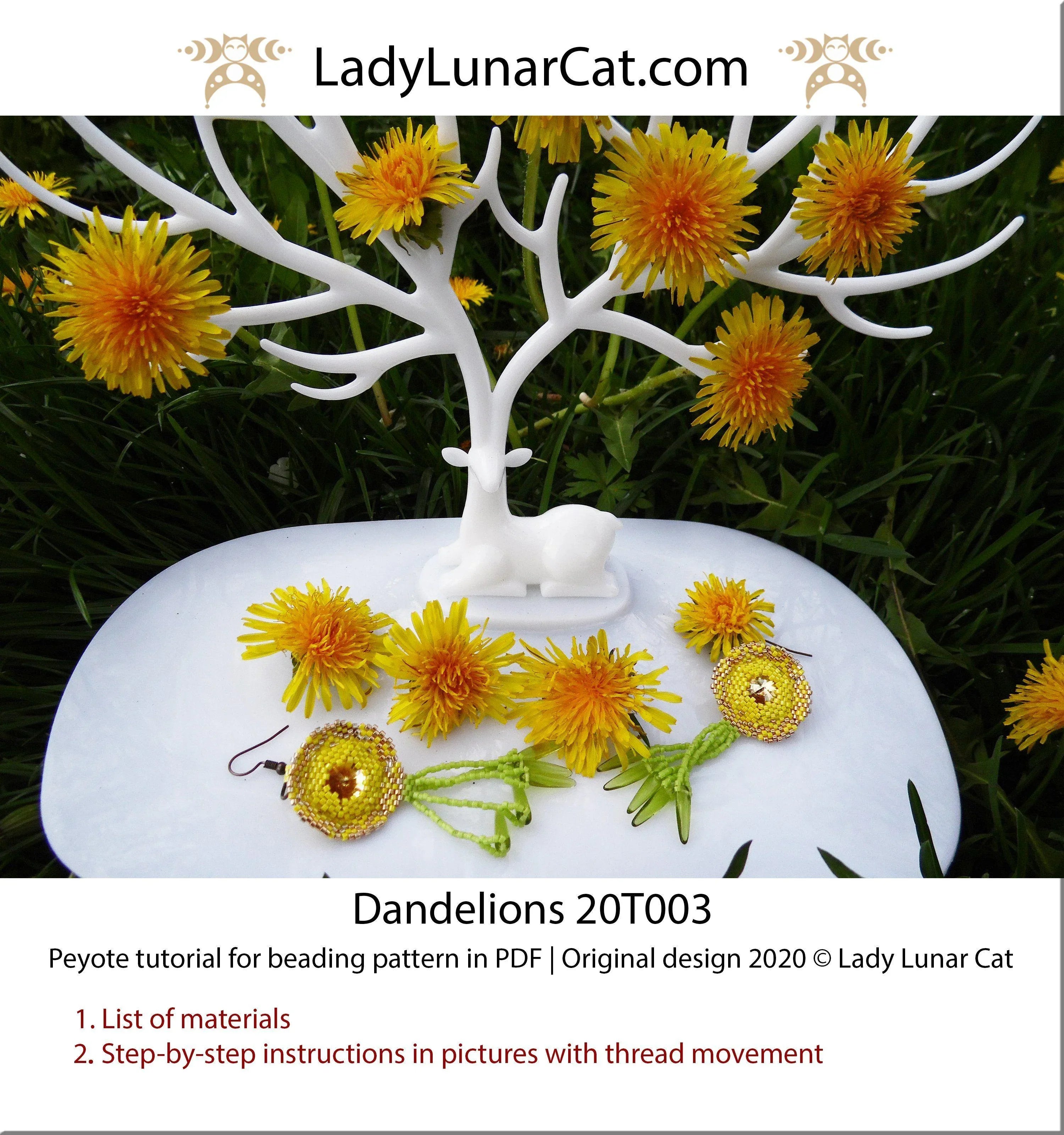 Dandelions peyote tutorial page - illustrated step by step hexagon guide LadyLunarCat