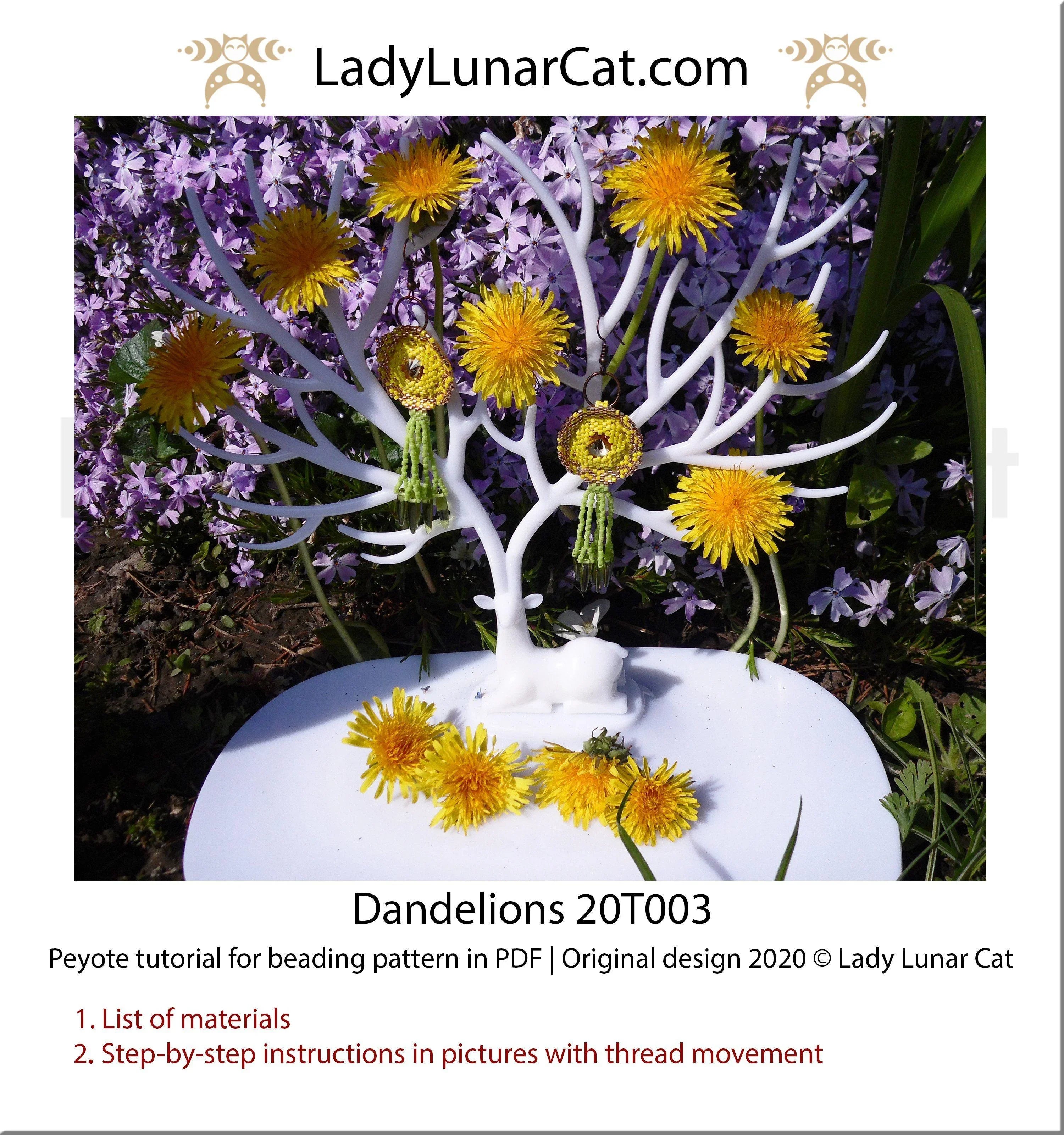 Dandelions beaded earrings full view - 7x2.6 cm 3 colors Miyuki Delica LadyLunarCat
