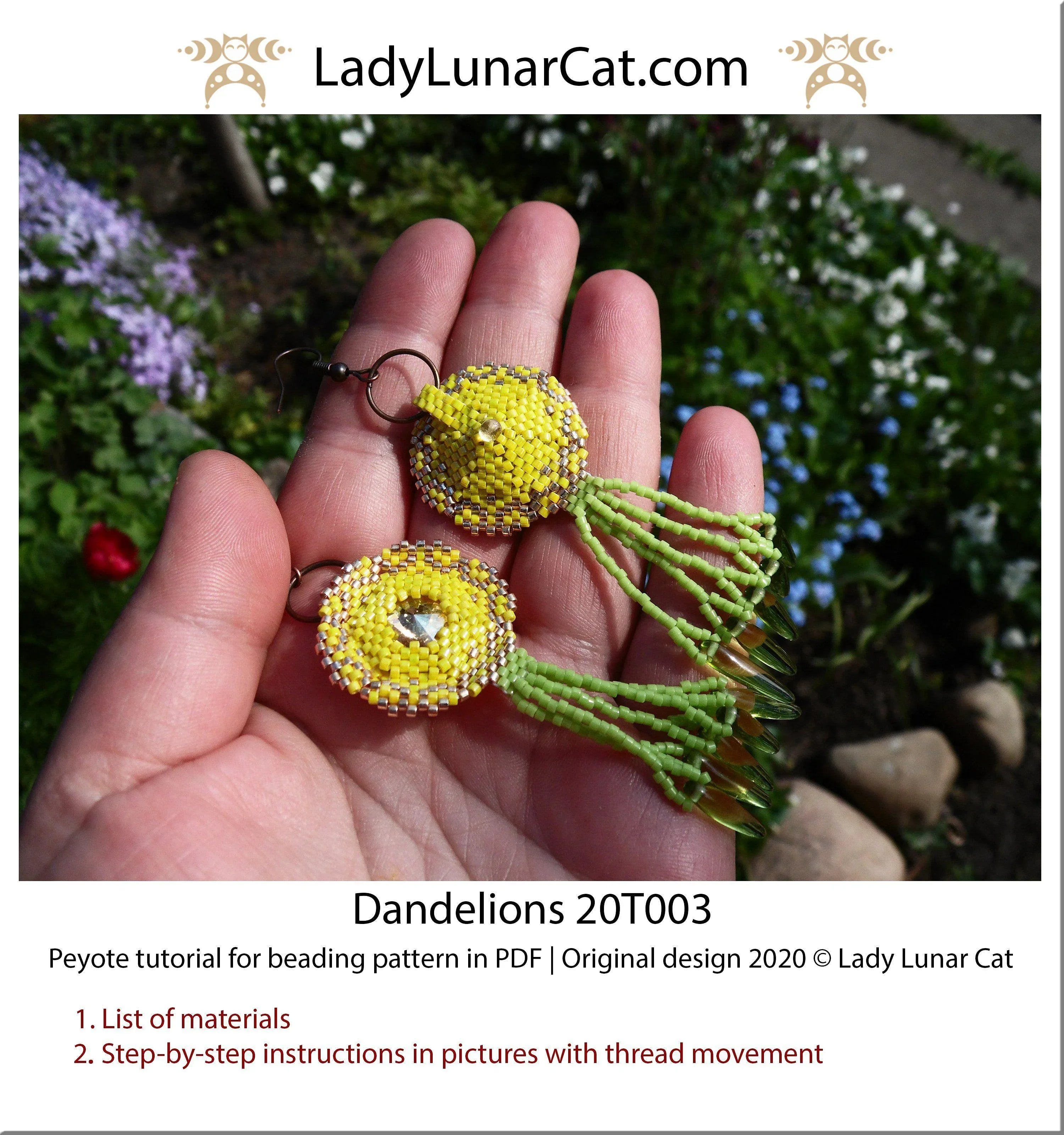 Dandelions peyote hexagon earring tutorial - Rivoli 14mm spring yellow PDF LadyLunarCat