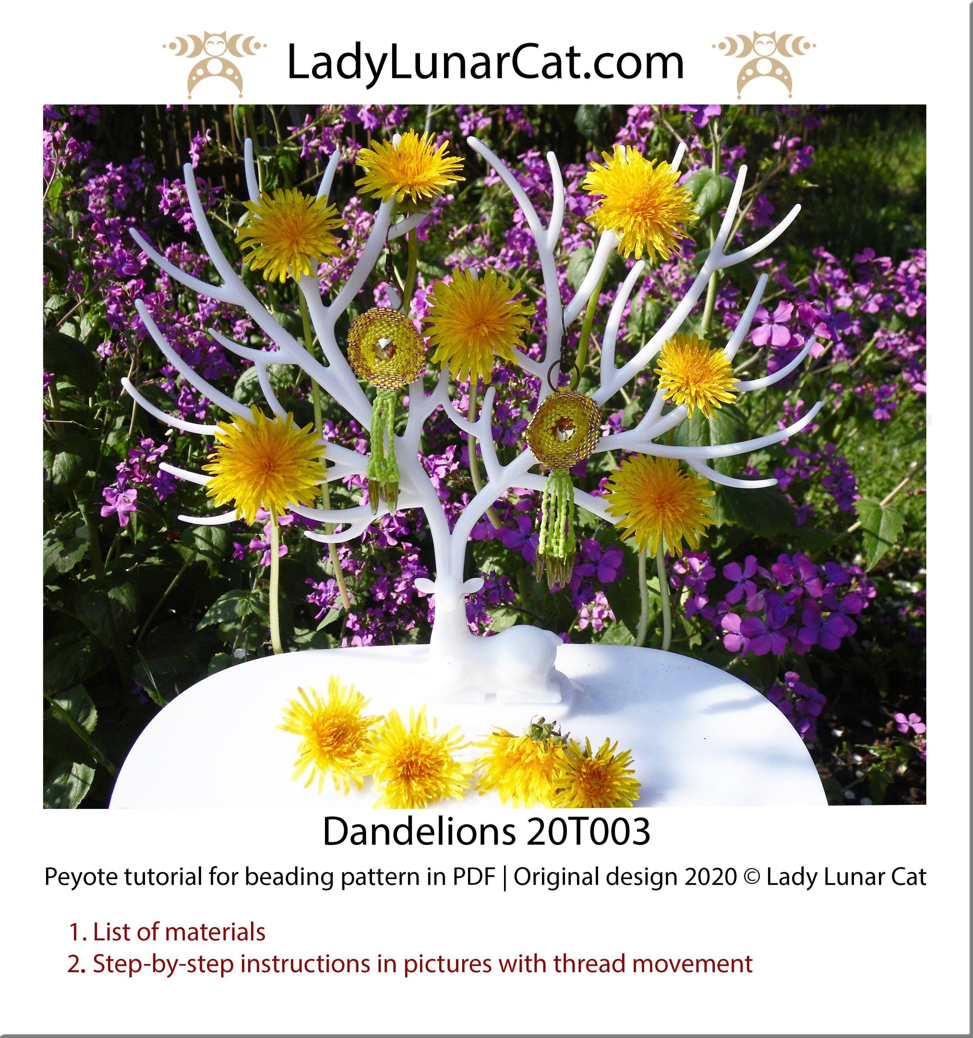 Beading tutorial Peyote hexagon Dandelions 20T003 Step by step instruction LadyLunarCat