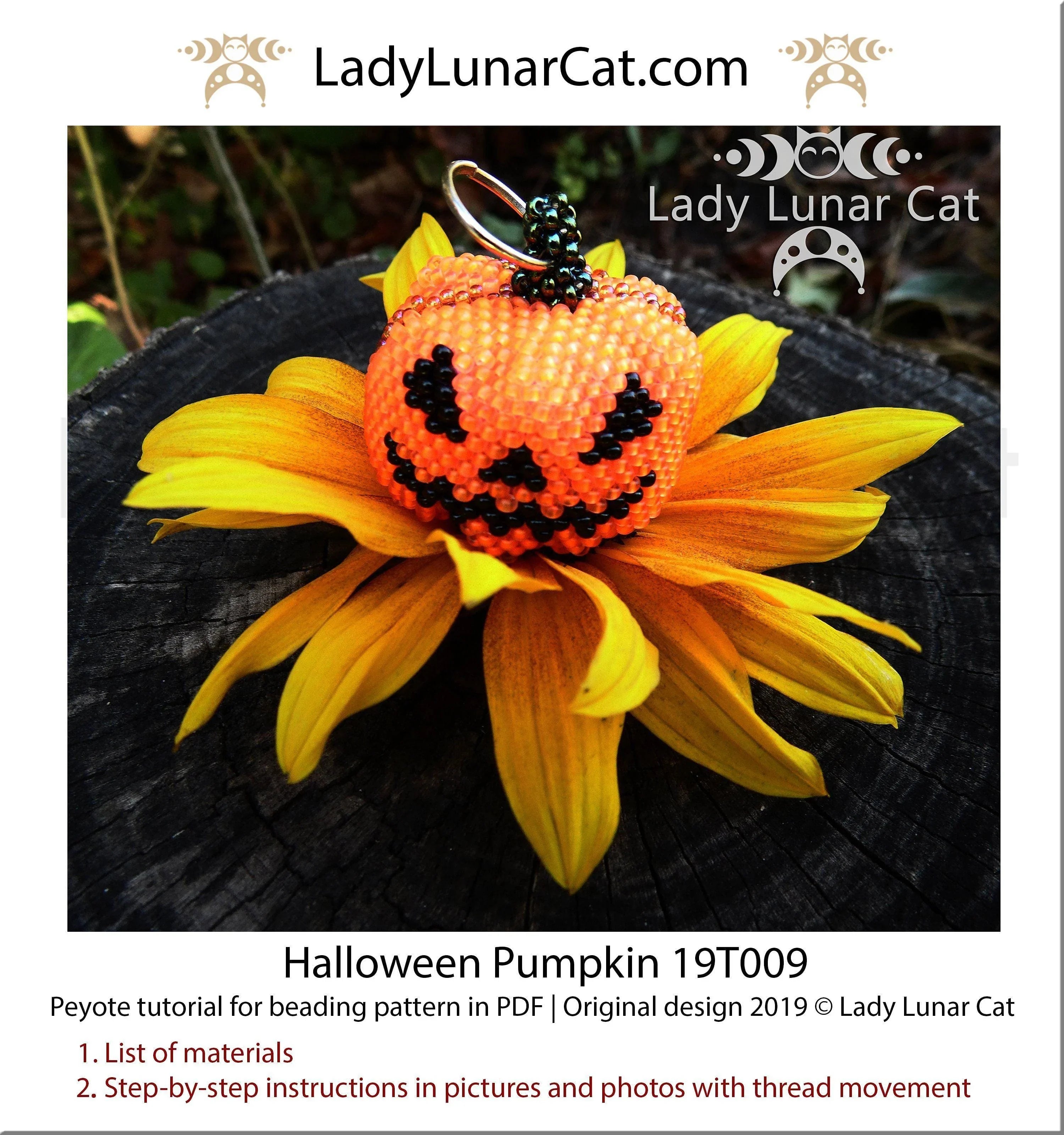 Halloween Pumpkin beaded pod full view - orange 3D peyote crystalpod autumn LadyLunarCat