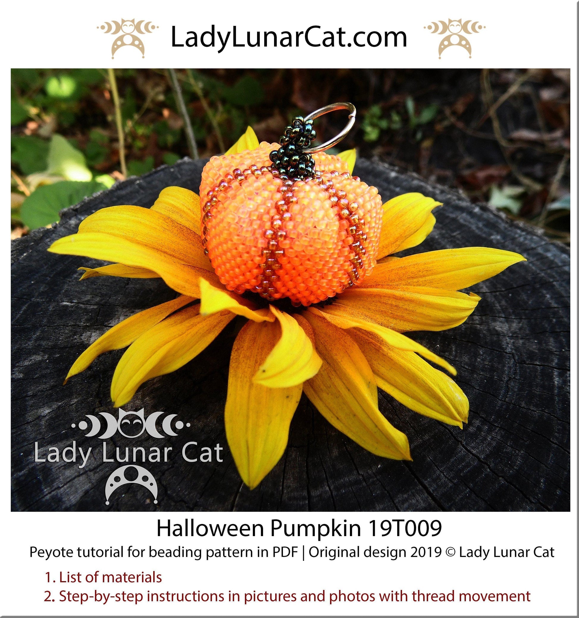 Beading tutorial for 3d peyote pod Pumpkin Halloween 19PT009 LadyLunarCat