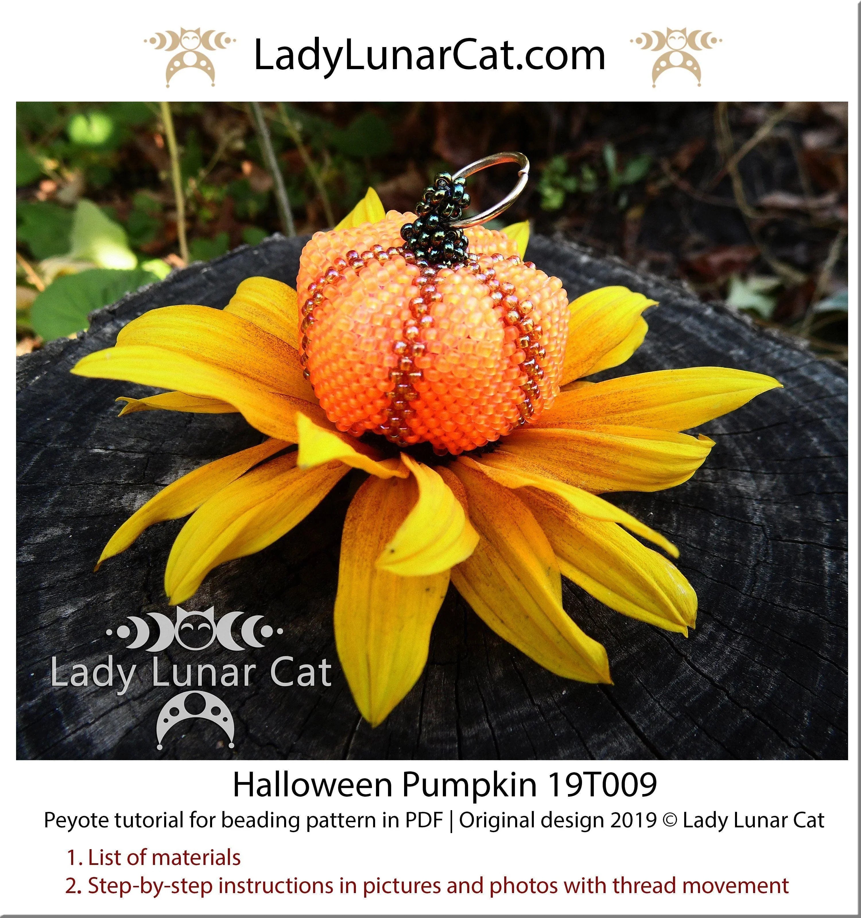 Halloween Pumpkin peyote pod - 29 beads 8 rows 6 petals 4 colors step-by-step PDF LadyLunarCat