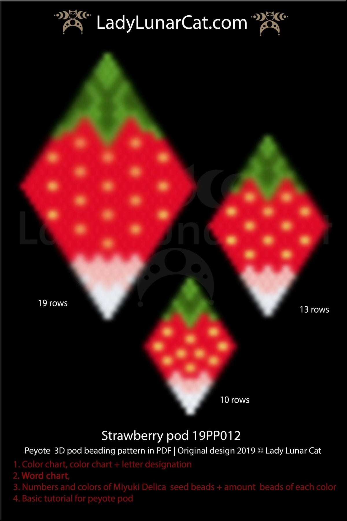 Lady Lunar Cat peyote pod strawberry — cottagecore beading PDF 19PP012