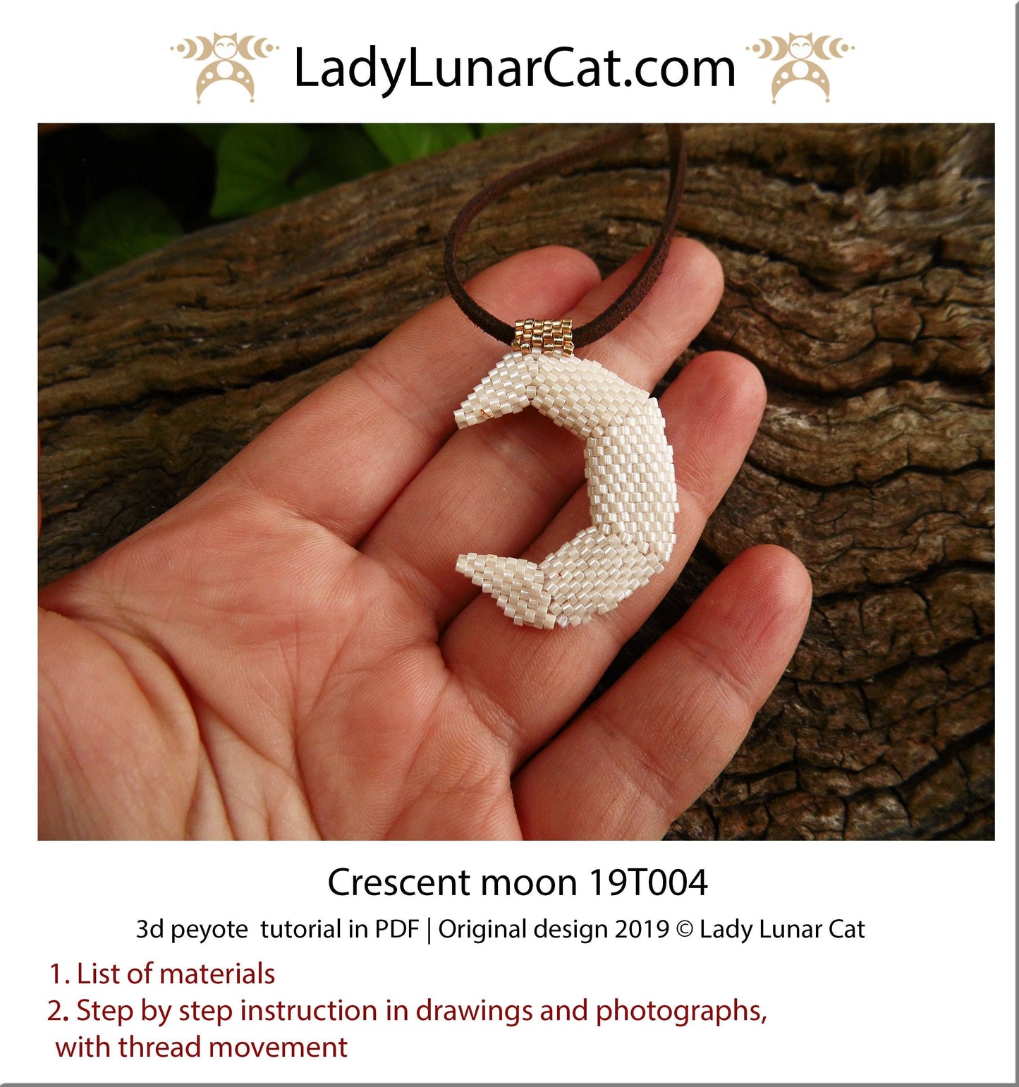 Beading tutorial for 3d peyote stitch Crescent moon celestial 19T004 LadyLunarCat