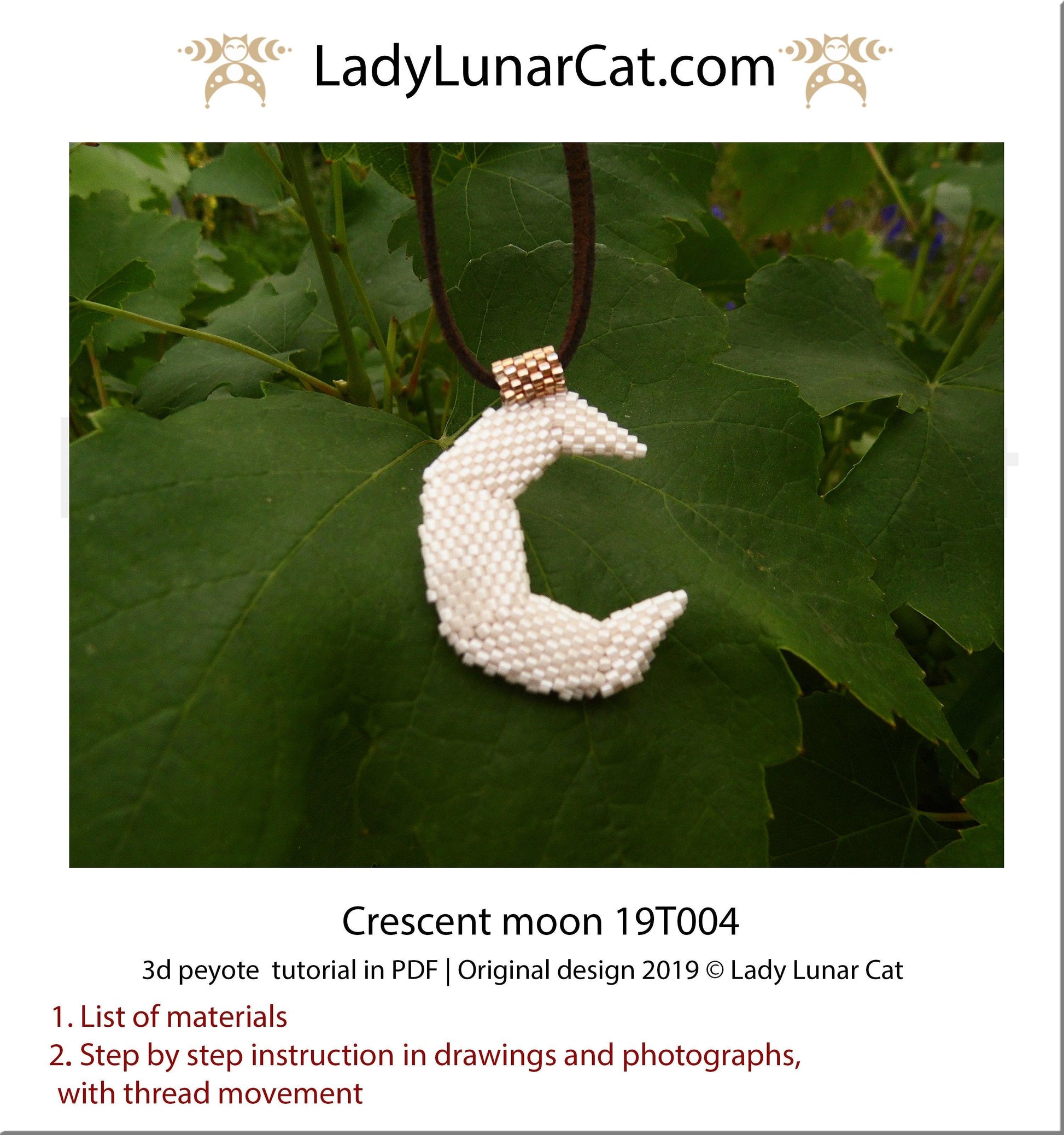 Beading tutorial for 3d peyote stitch Crescent moon celestial 19T004 LadyLunarCat