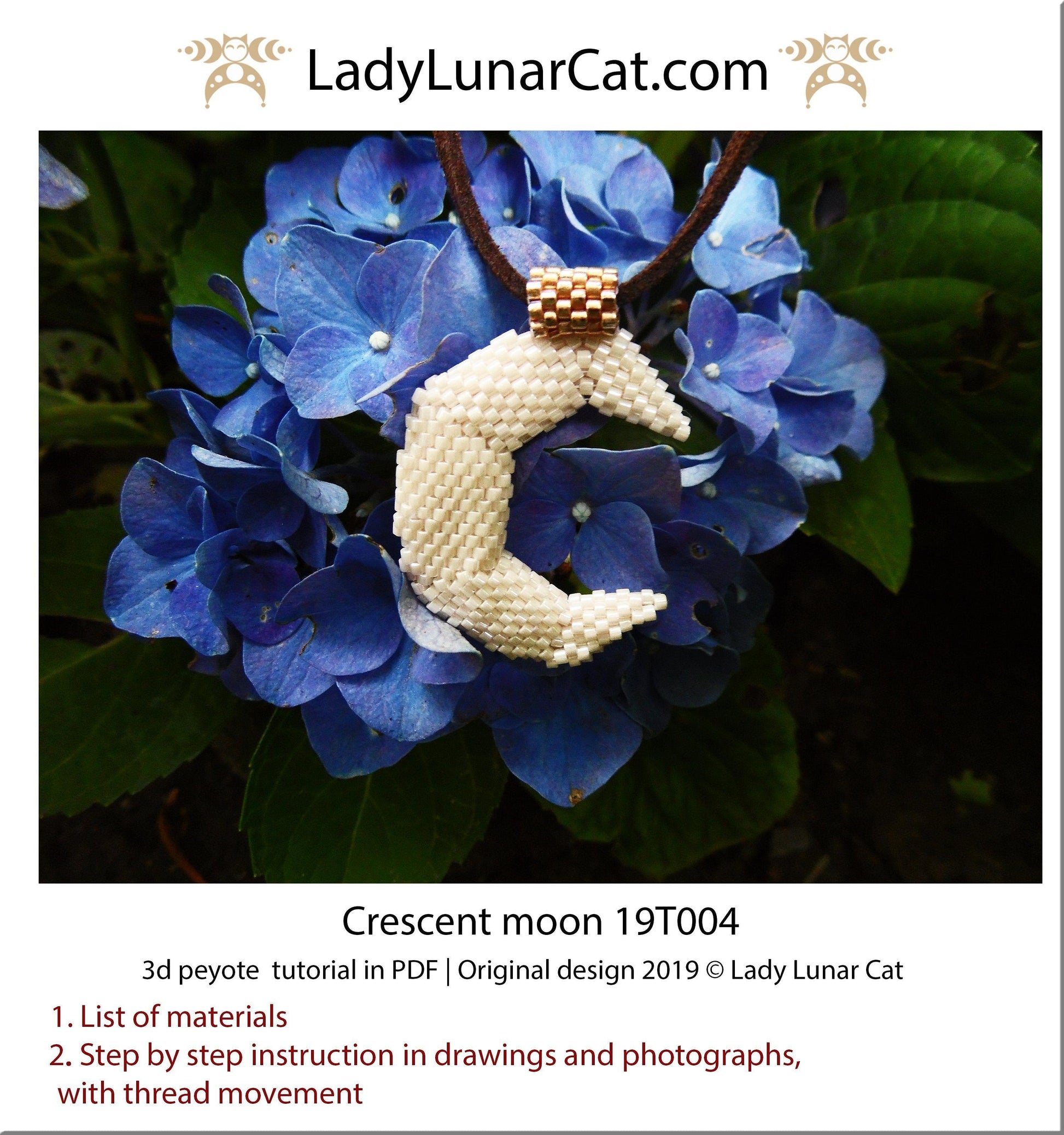 Beading tutorial for 3d peyote stitch Crescent moon celestial 19T004 LadyLunarCat