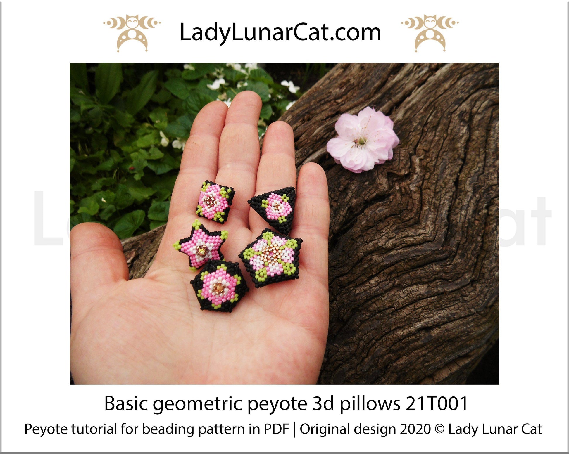 Beading tutorial for peyote 3d pillows -  21T001 star, square, pentagon, triangle,  hexagon 21T001 Step by step instruction LadyLunarCat