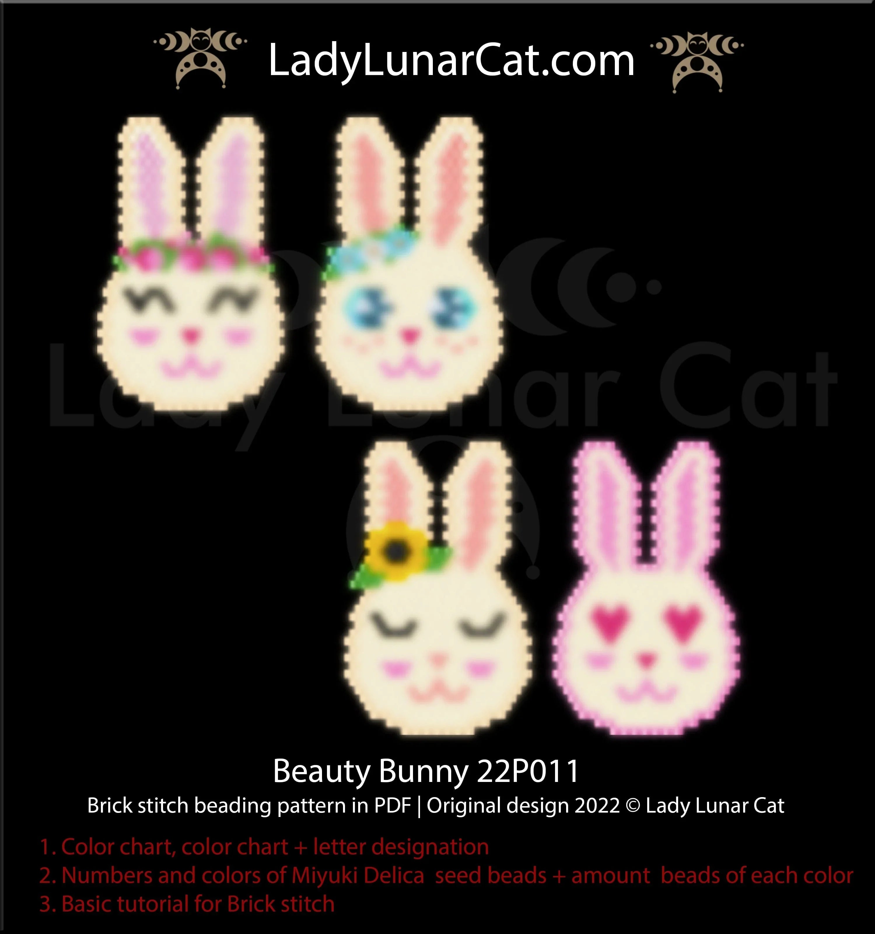 Beauty Bunny brick stitch earrings pattern PDF by Lady Lunar Cat — Easter 22P011