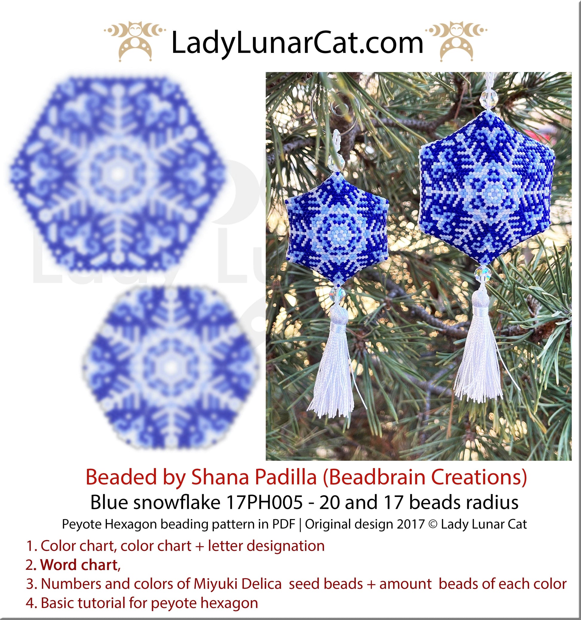 Peyote hexagon pattern for beading | Beaded hexagon Blue snowflake 17PH005 LadyLunarCat