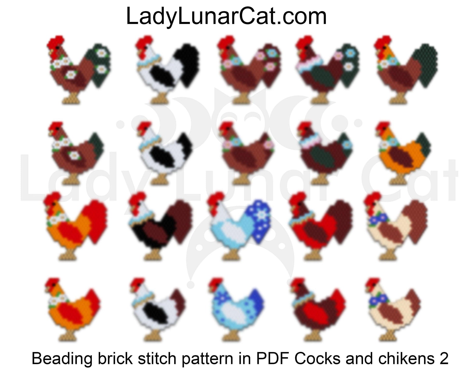 Brick stitch beading pattern Cocks and chikens LadyLunarCat