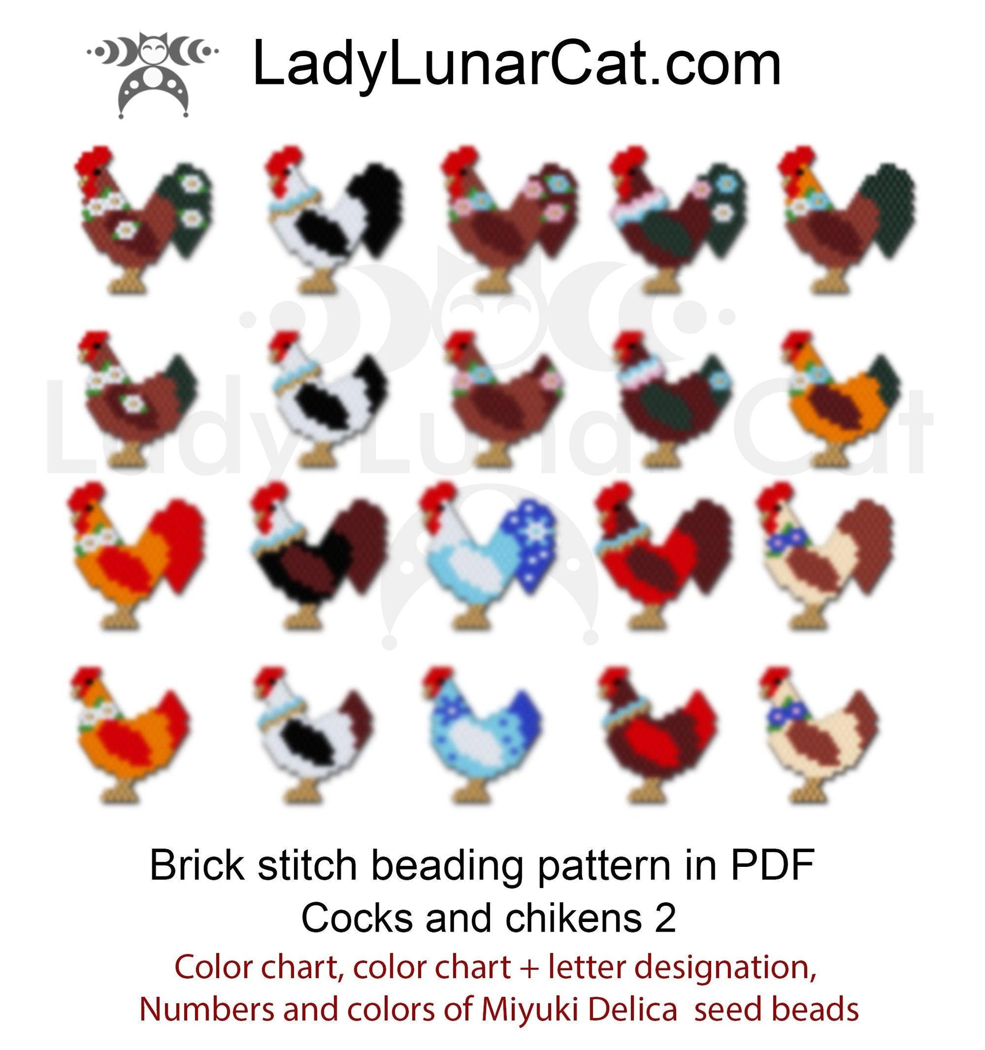 Brick stitch beading pattern Cocks and chikens LadyLunarCat