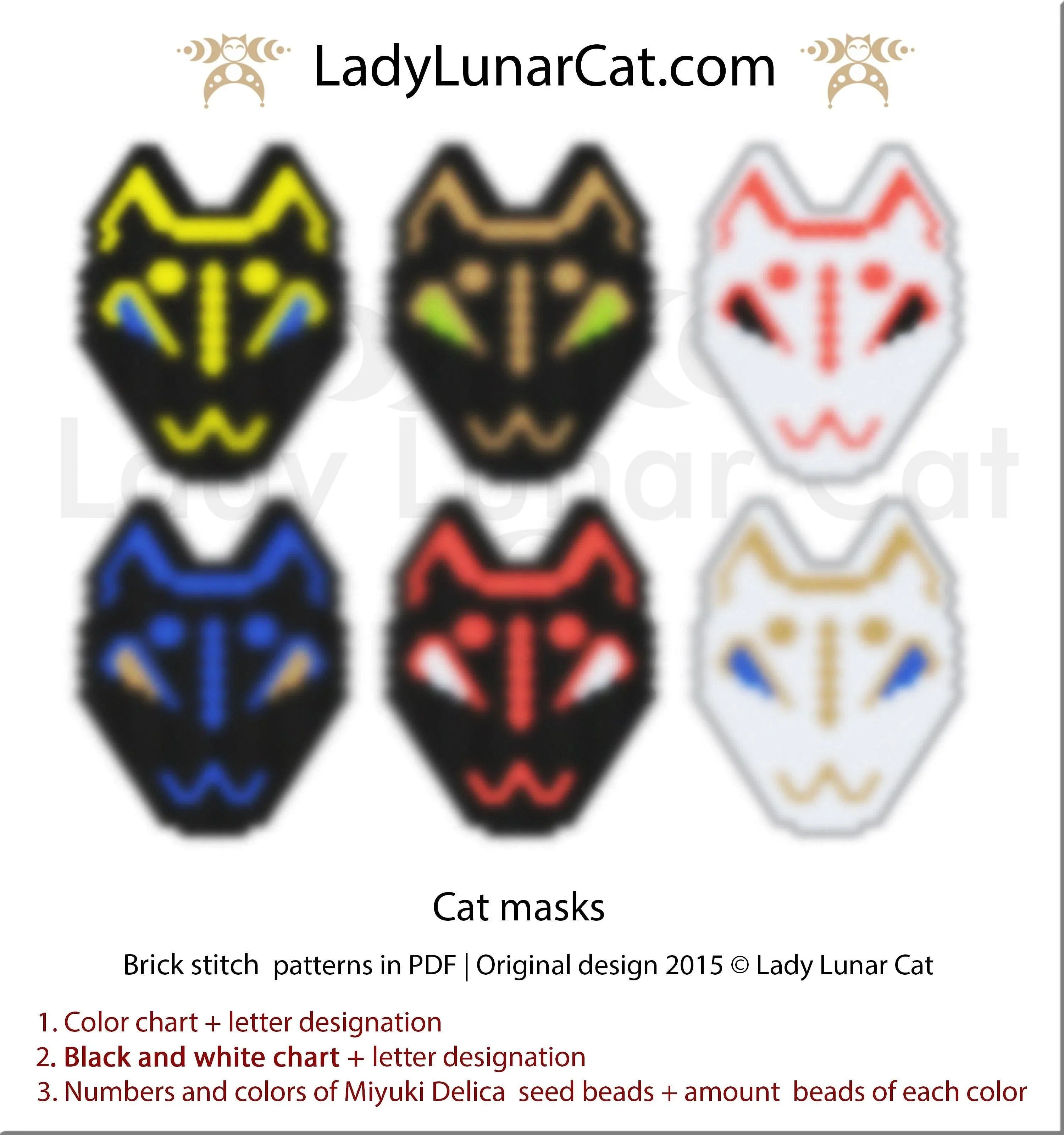 Cat masks brick stitch earrings pattern PDF by Lady Lunar Cat — 6 versions