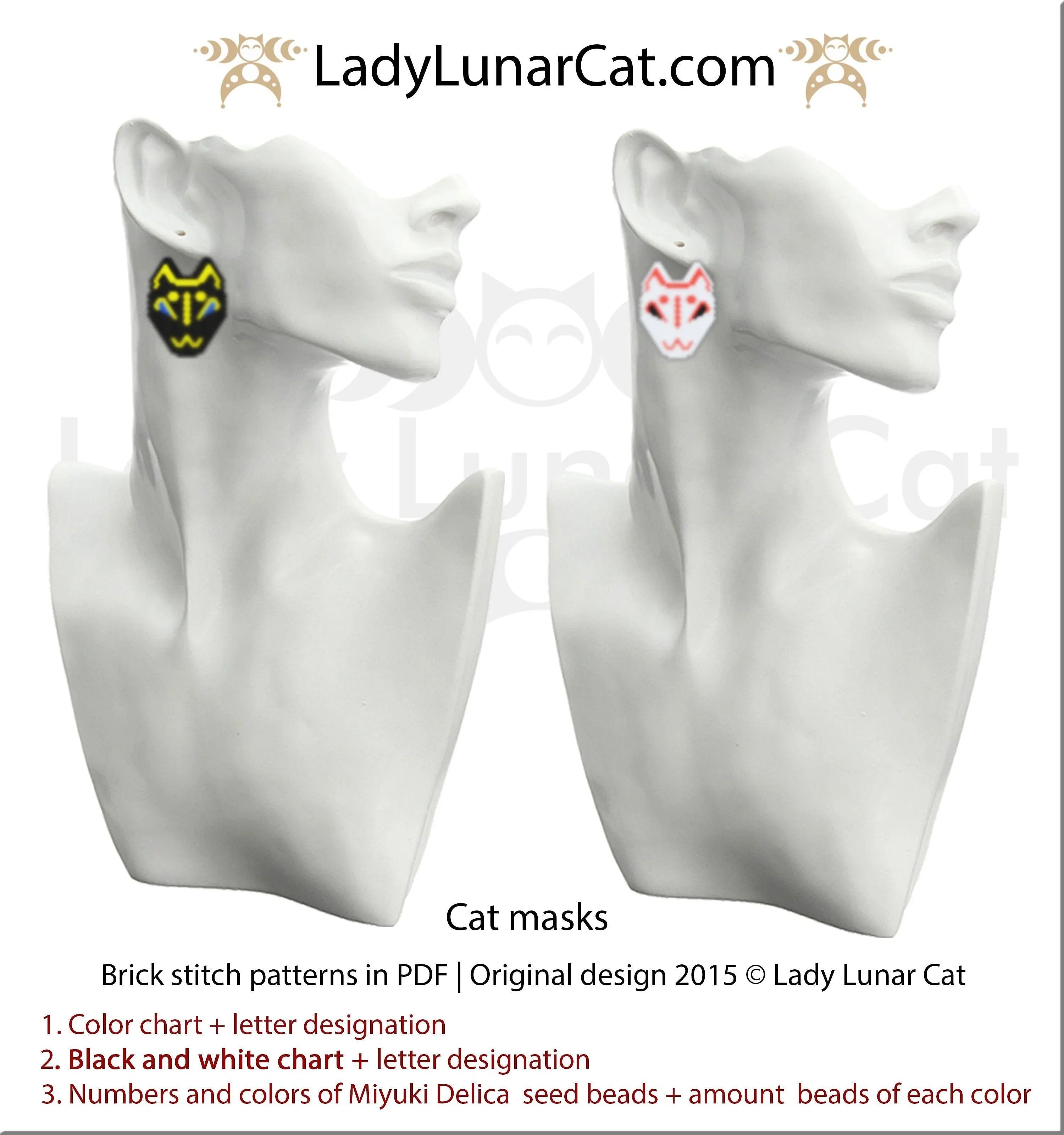 Cat mask brick stitch earrings — 6 color versions, 32×20 beads, 3 colors each, Miyuki Delica 11/0