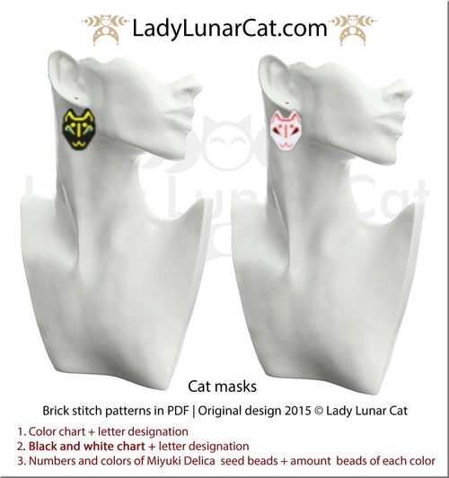 Cat mask brick stitch earrings — 6 color versions, 32×20 beads, 3 colors each, Miyuki Delica 11/0