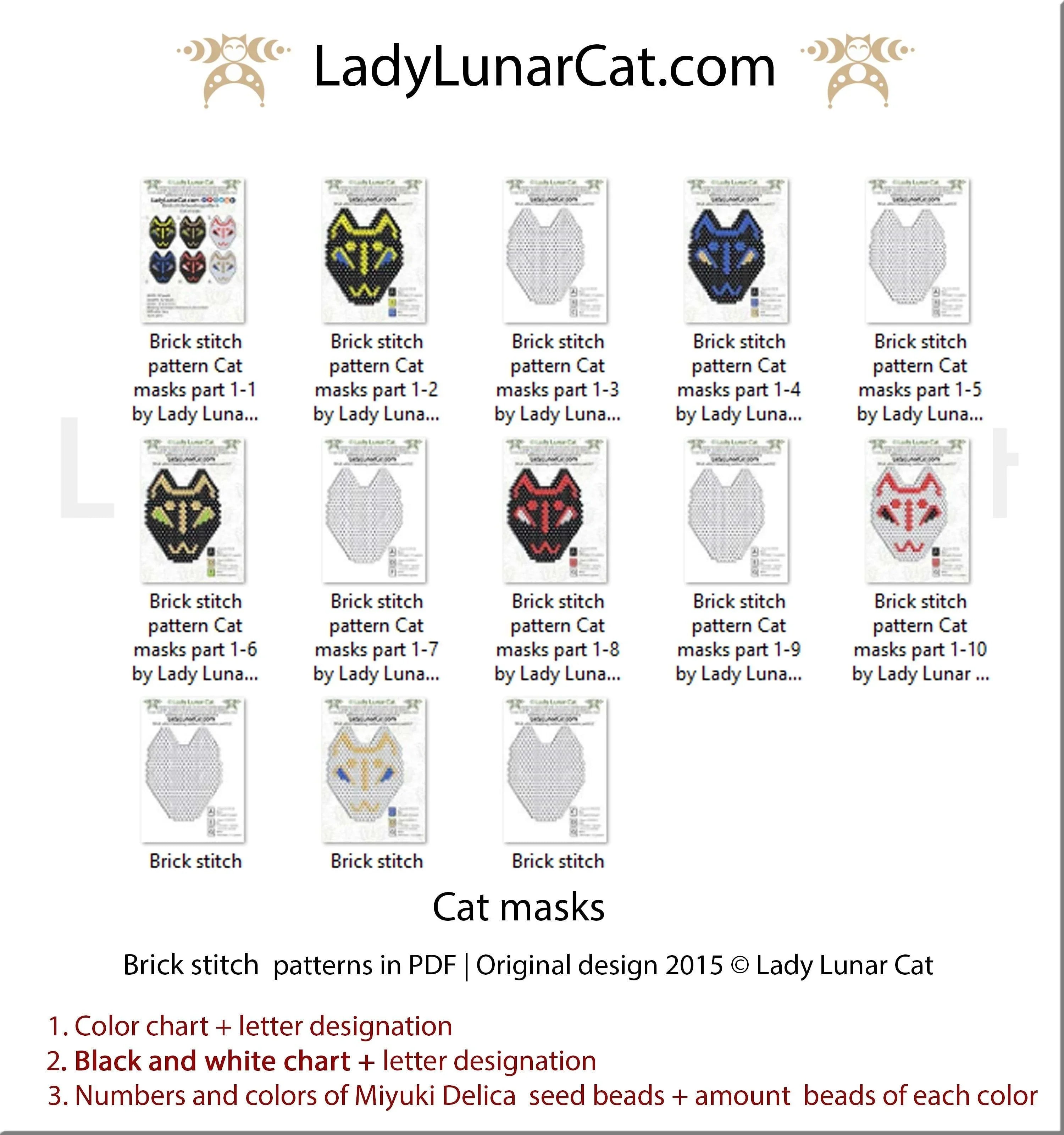 Brick stitch cat mask earrings — 16-page PDF, Egyptian kabuki inspired, instant download