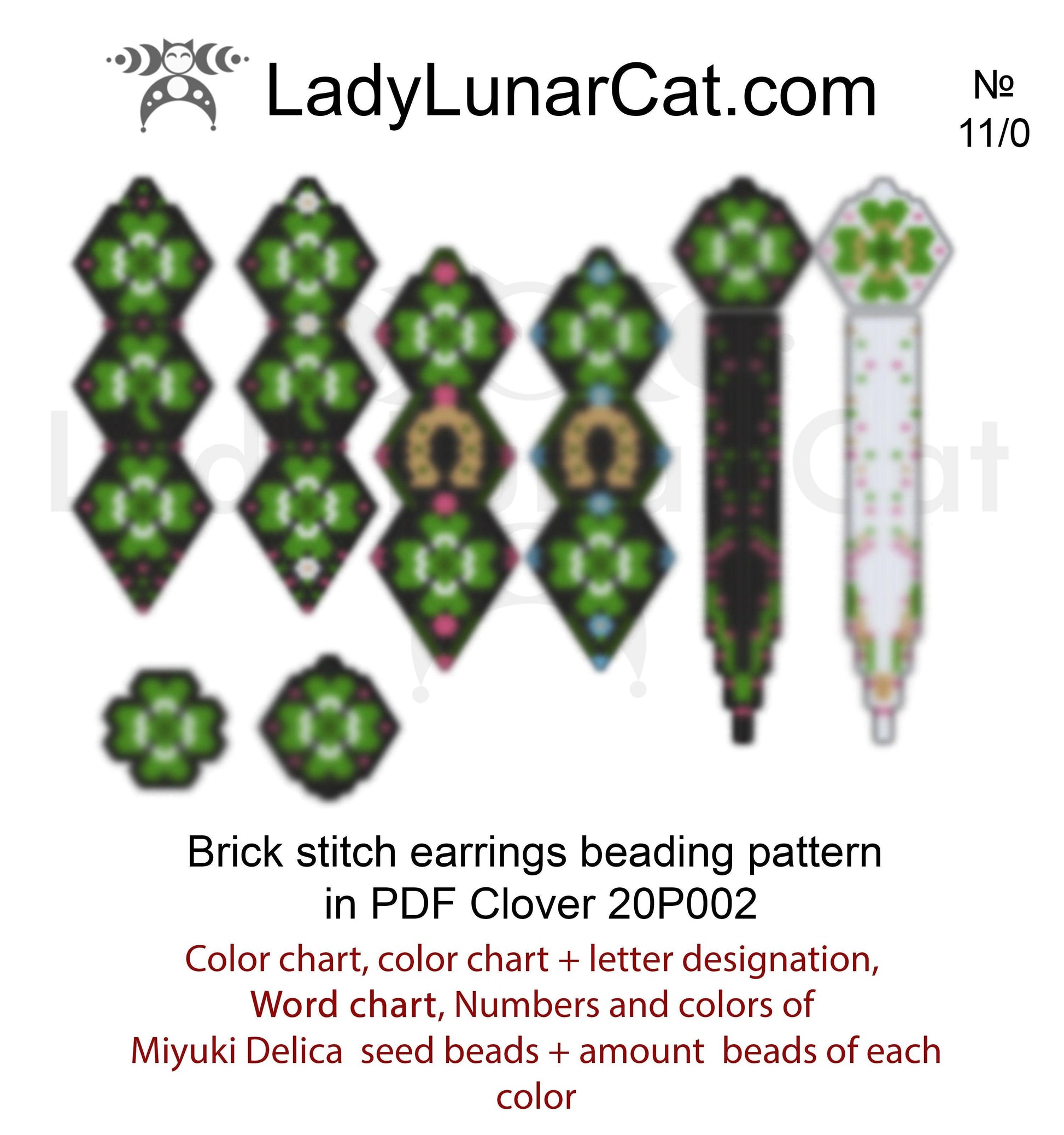 Brick stitch earring beading pattern Clover St. Patrick's Day LadyLunarCat