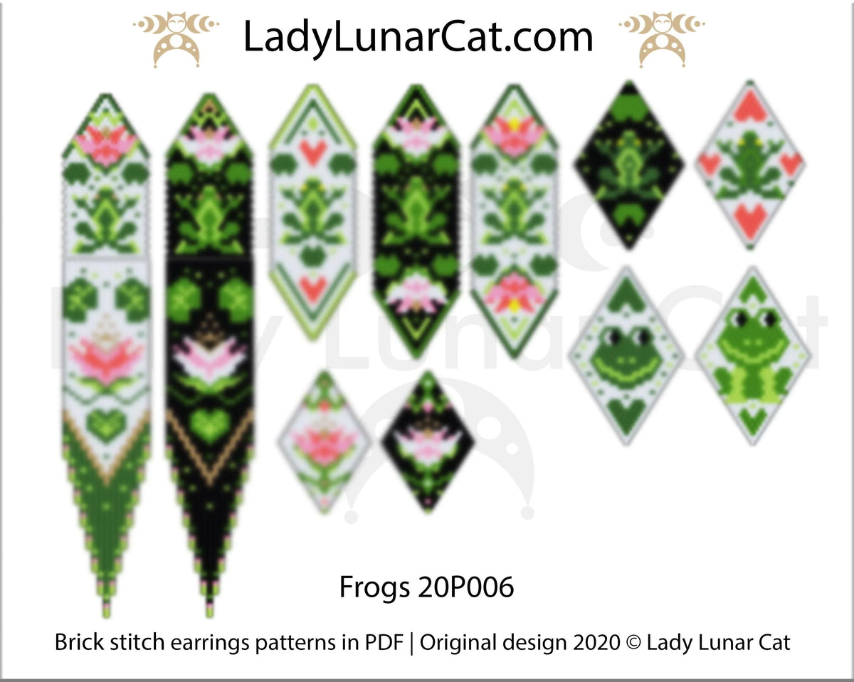 Frogs brick stitch earring pattern - 11 versions frog princess fairy tale PDF LadyLunarCat