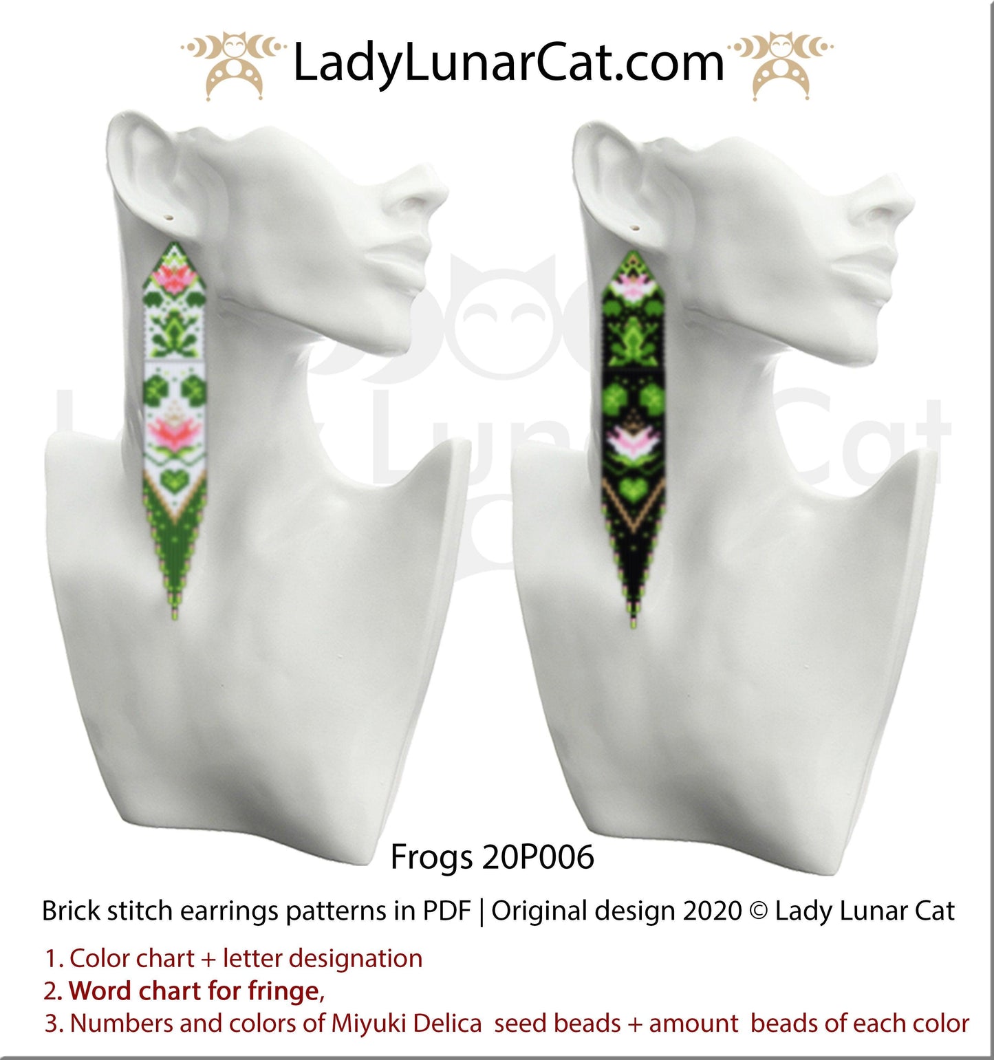 Brick stitch earring beading pattern Frogs LadyLunarCat