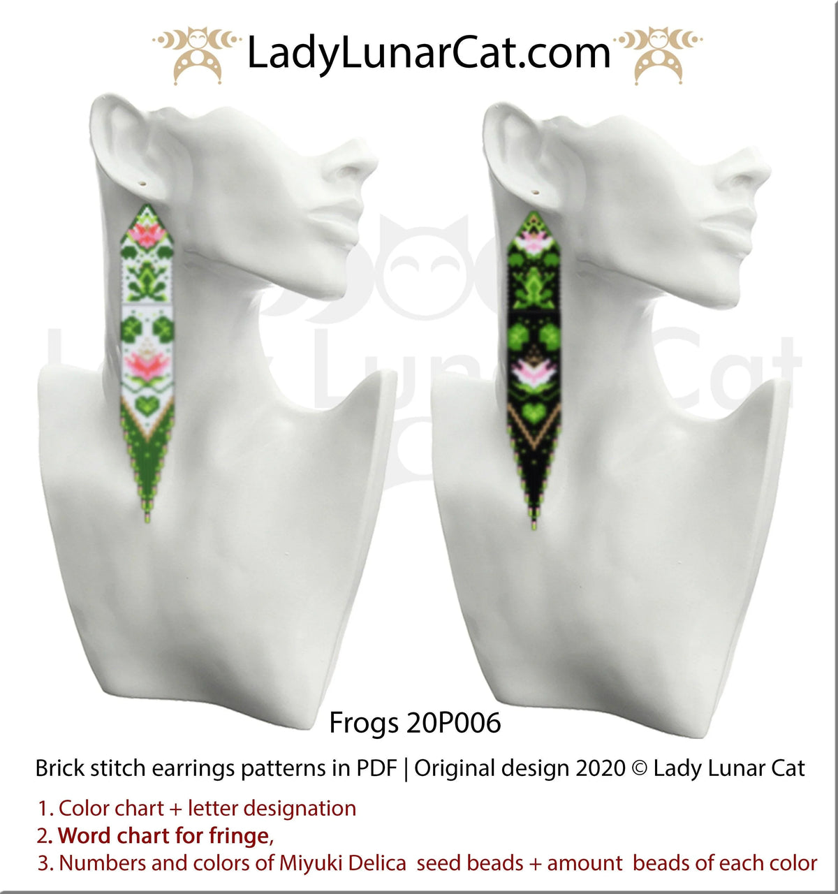 Frogs beaded earrings version 1 - brick stitch frog design Miyuki Delica LadyLunarCat