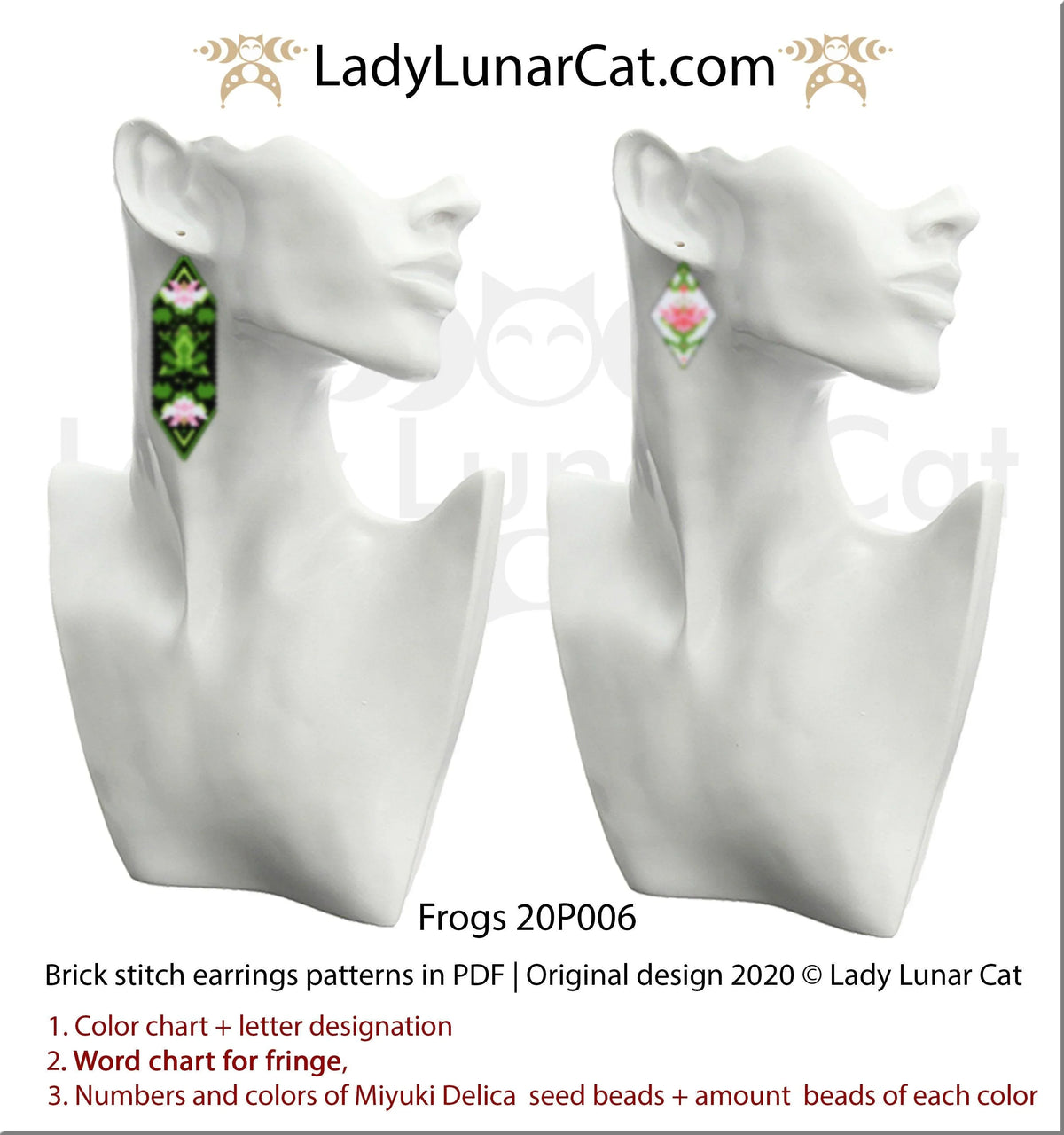 Frogs brick stitch earrings version 2 - green frog fringe earring pattern LadyLunarCat
