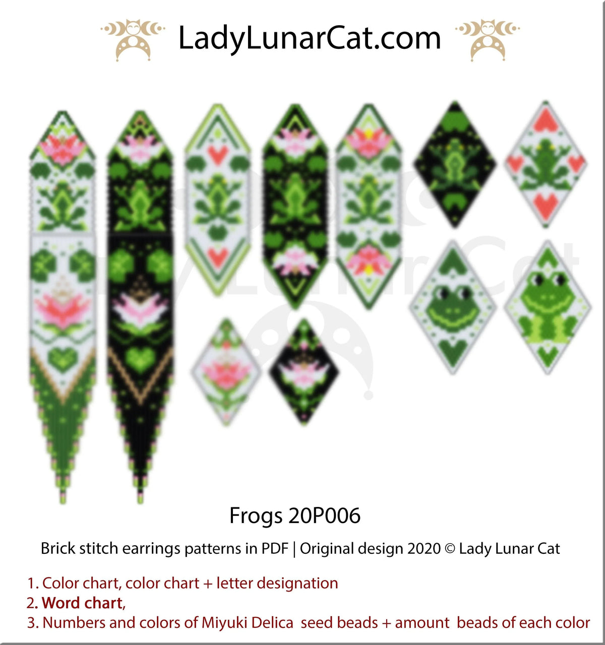Frogs brick stitch earrings version 4 - nature animal beading pattern LadyLunarCat