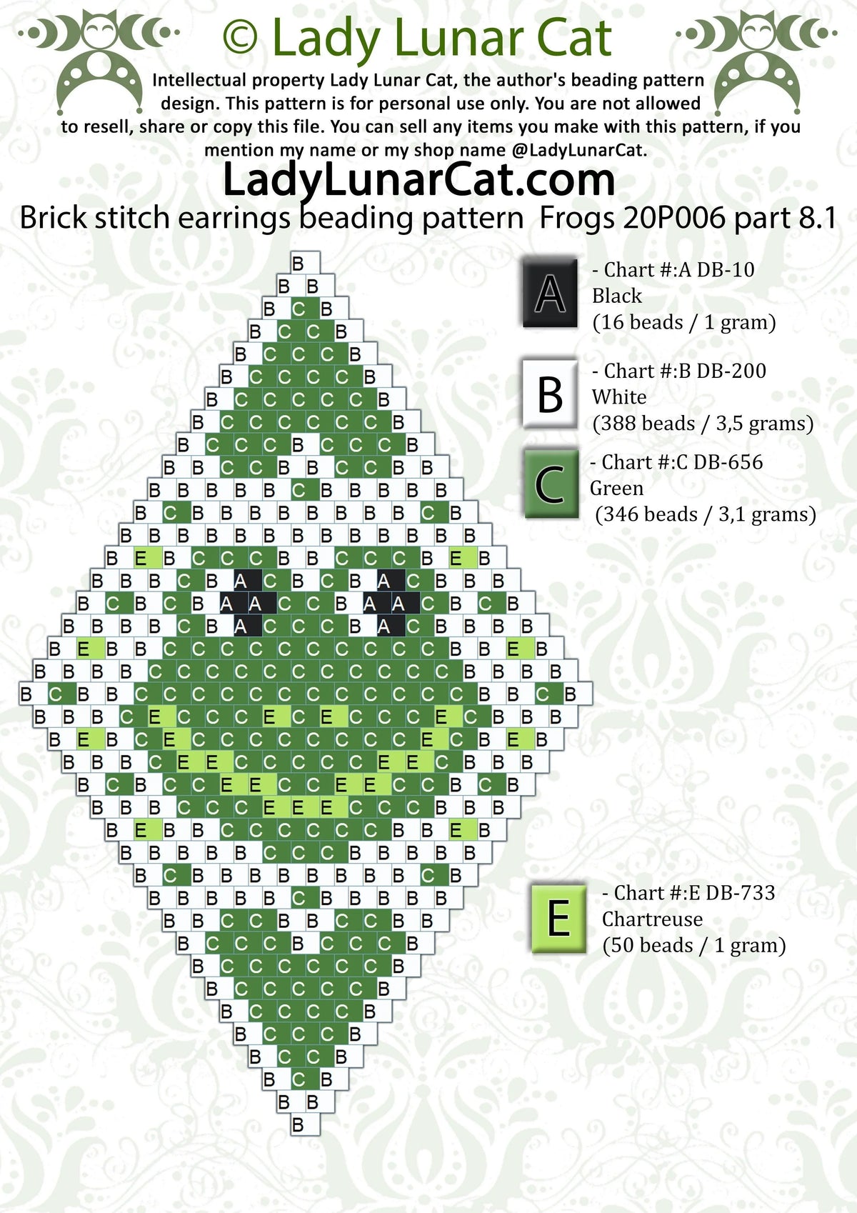 Frogs beaded earrings version 6 - fringe brick stitch frog earring PDF LadyLunarCat