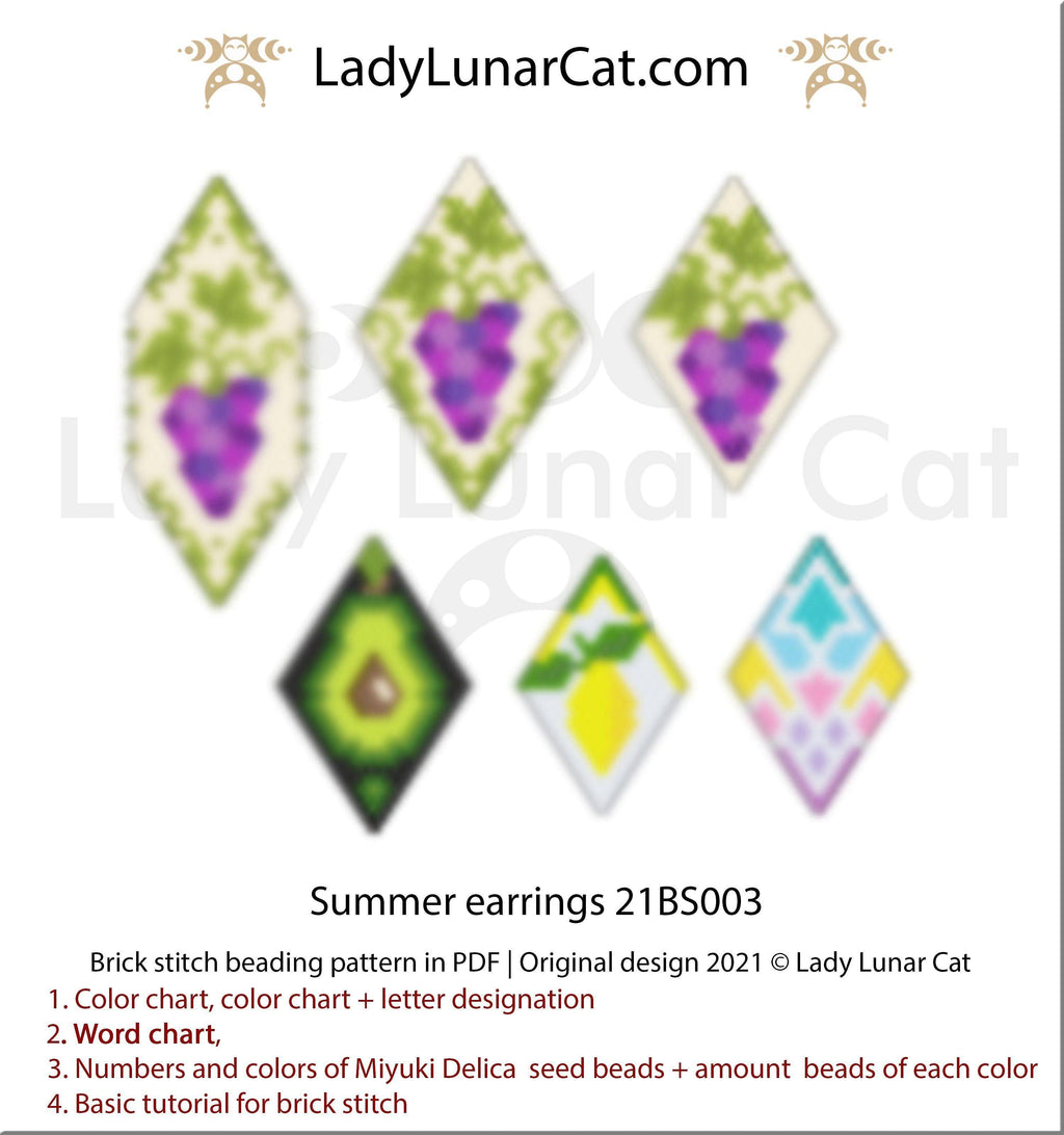 Brick stitch pattern for beading Avocado cat 21P002 | Summer beaded jewelry tutorial LadyLunarCat