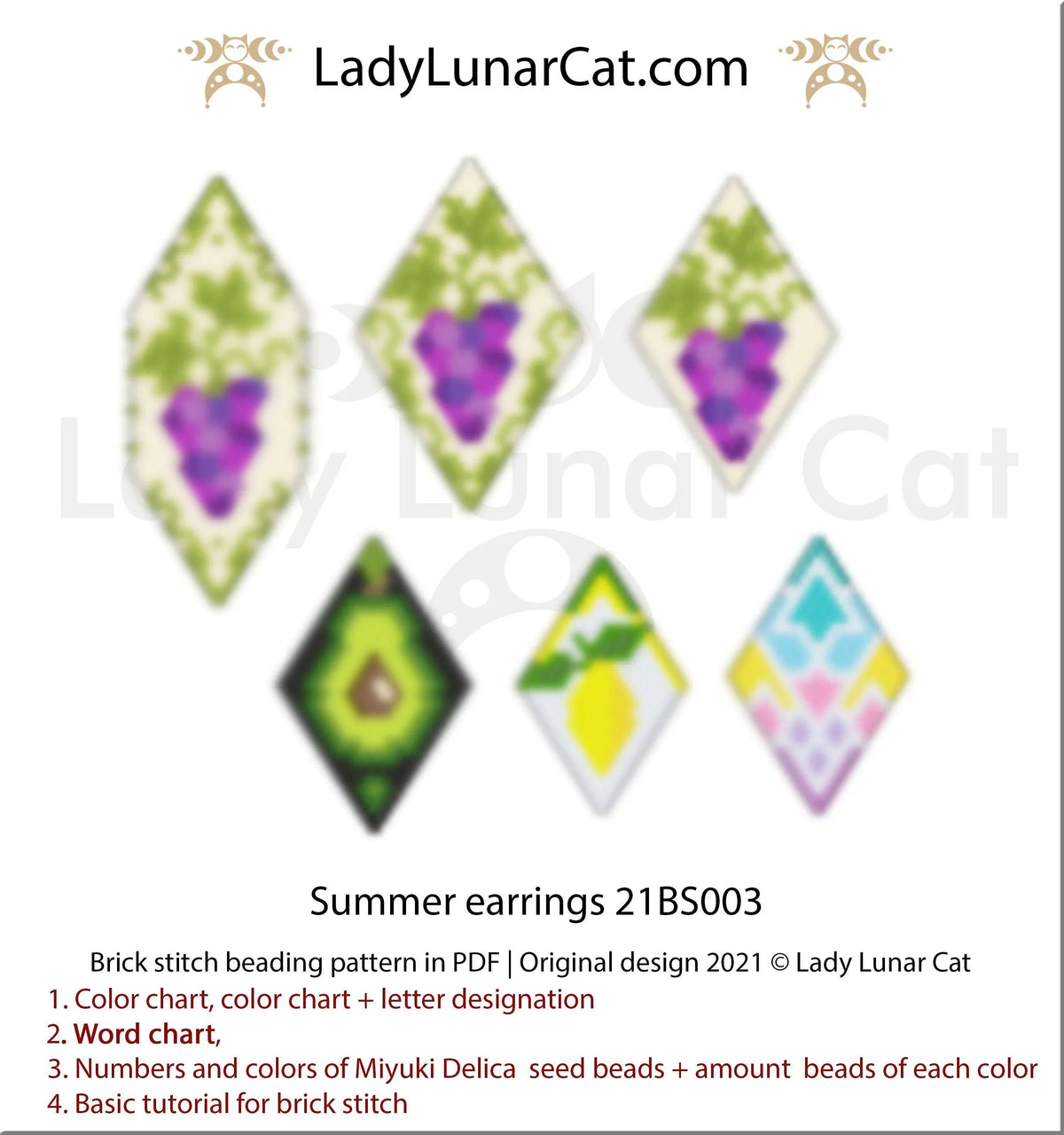 Summer brick stitch earrings pattern PDF by Lady Lunar Cat — 6 diamond designs 21BS003