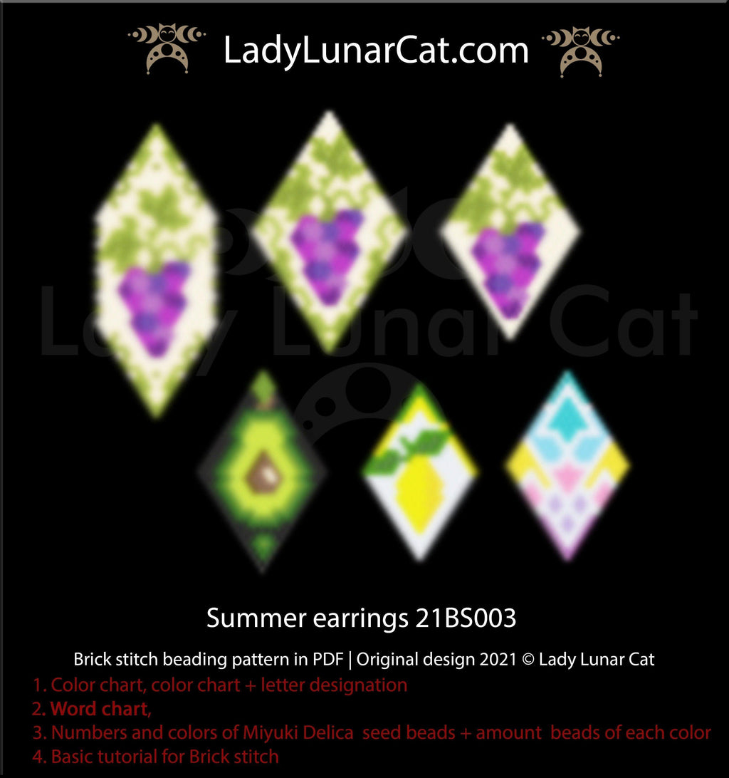 Brick stitch pattern for beading Avocado cat 21P002 | Summer beaded jewelry tutorial LadyLunarCat