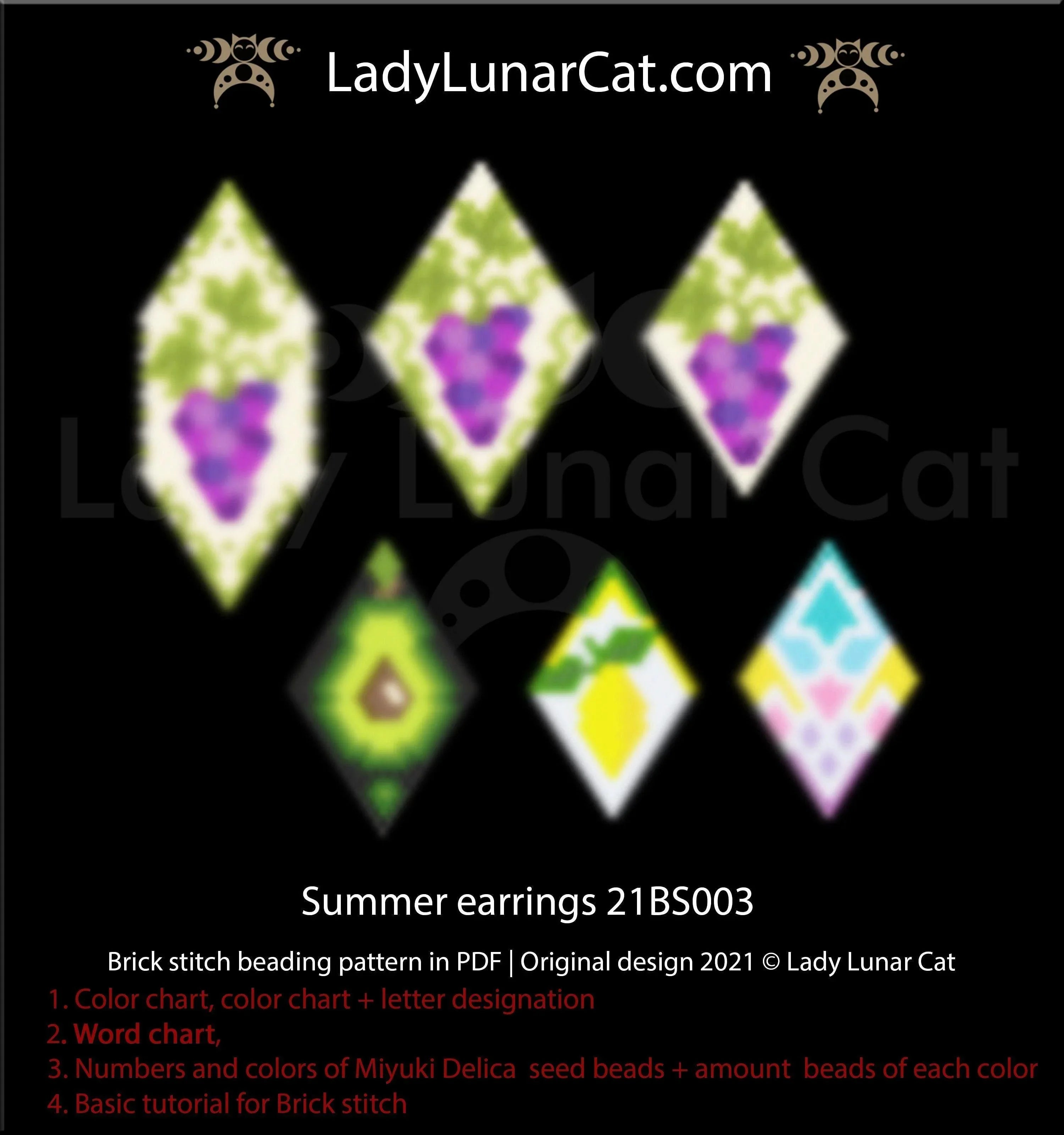 Summer diamond brick stitch earrings — 6 designs, 5–8 colors each, fruit motifs, Miyuki Delica 11/0