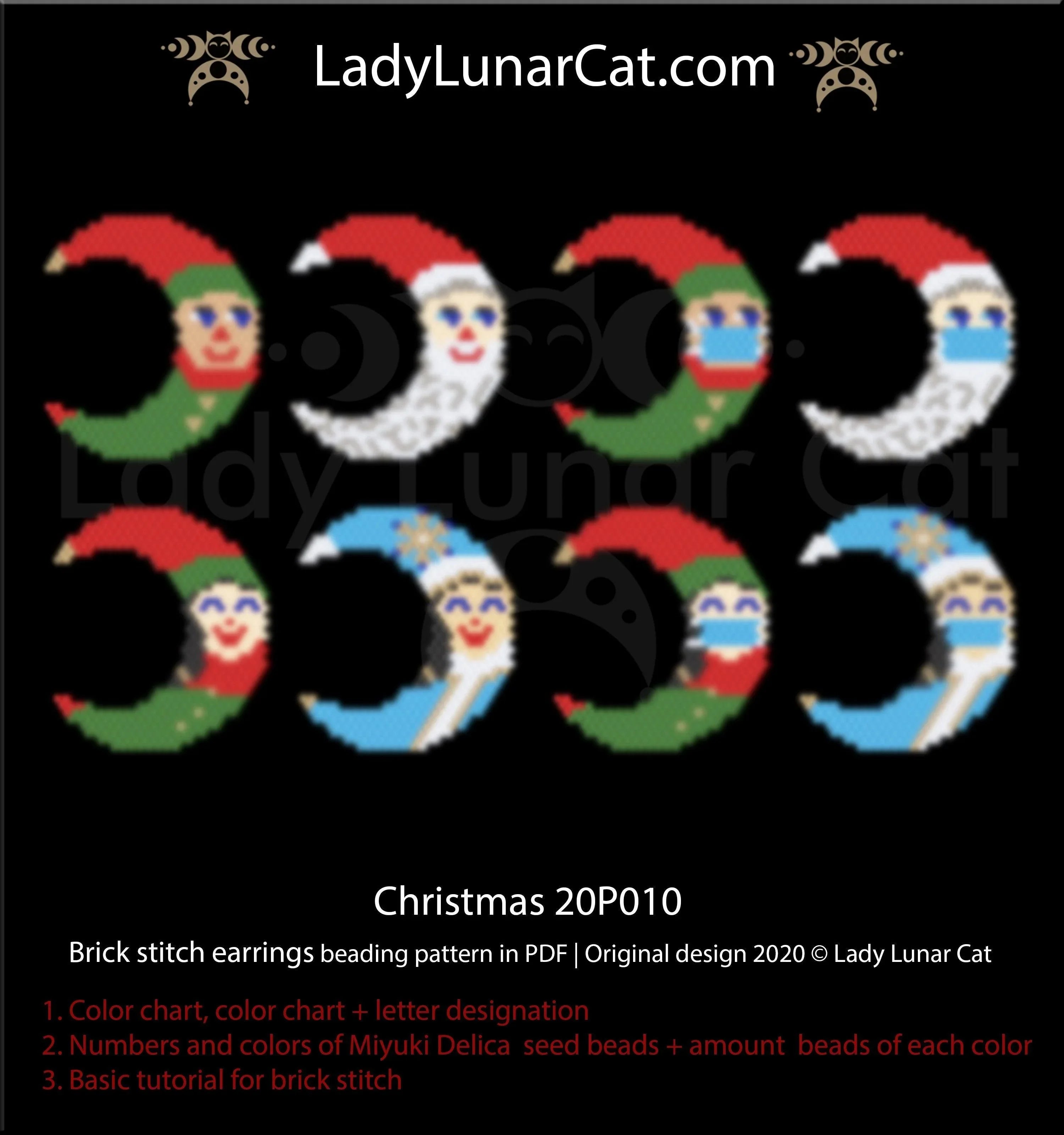 Christmas beaded earrings 8 designs — holiday quick make brick stitch festive beading LadyLunarCat