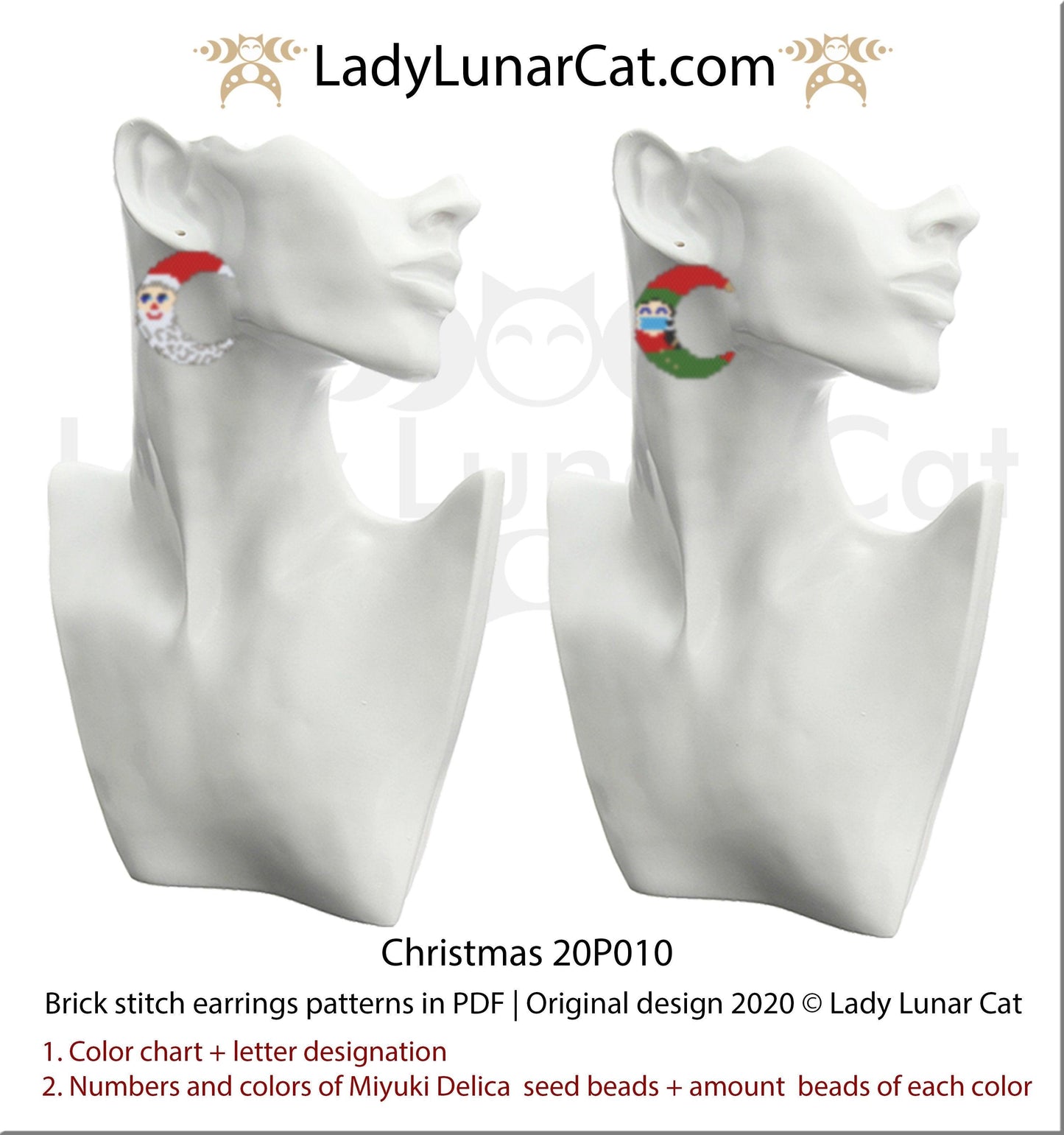 Brick stitch pattern for beading Christmas 20P010 | Winter Beaded earrings tutorial LadyLunarCat