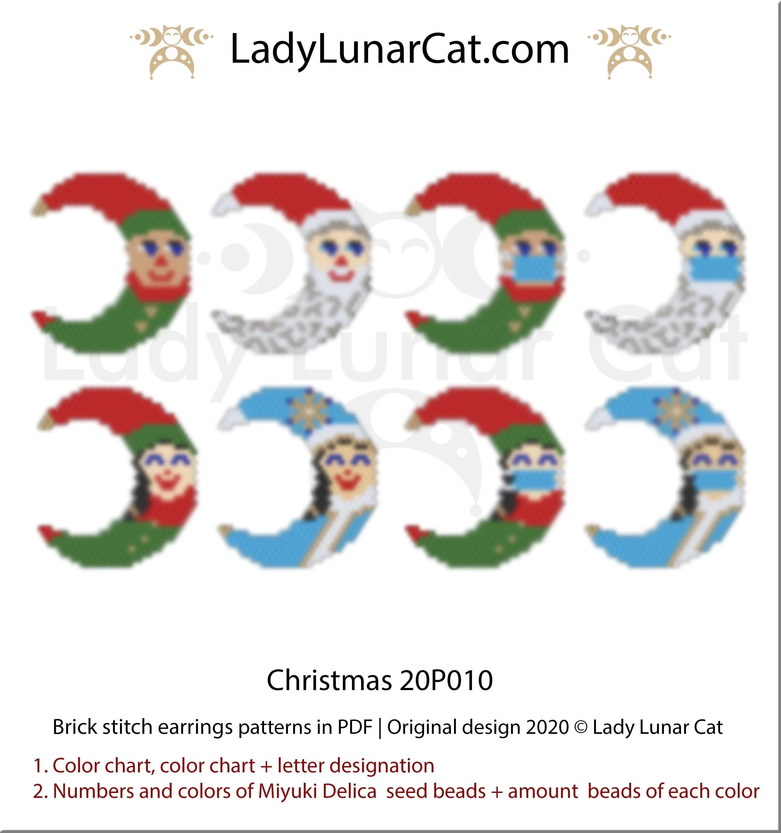 Christmas brick stitch earrings pattern by Lady Lunar Cat — 8 designs holiday beading PDF 20P010