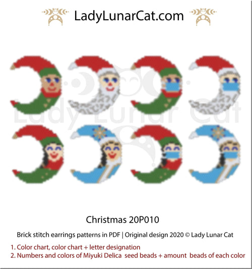 Christmas brick stitch earrings pattern by Lady Lunar Cat — 8 designs holiday beading PDF 20P010