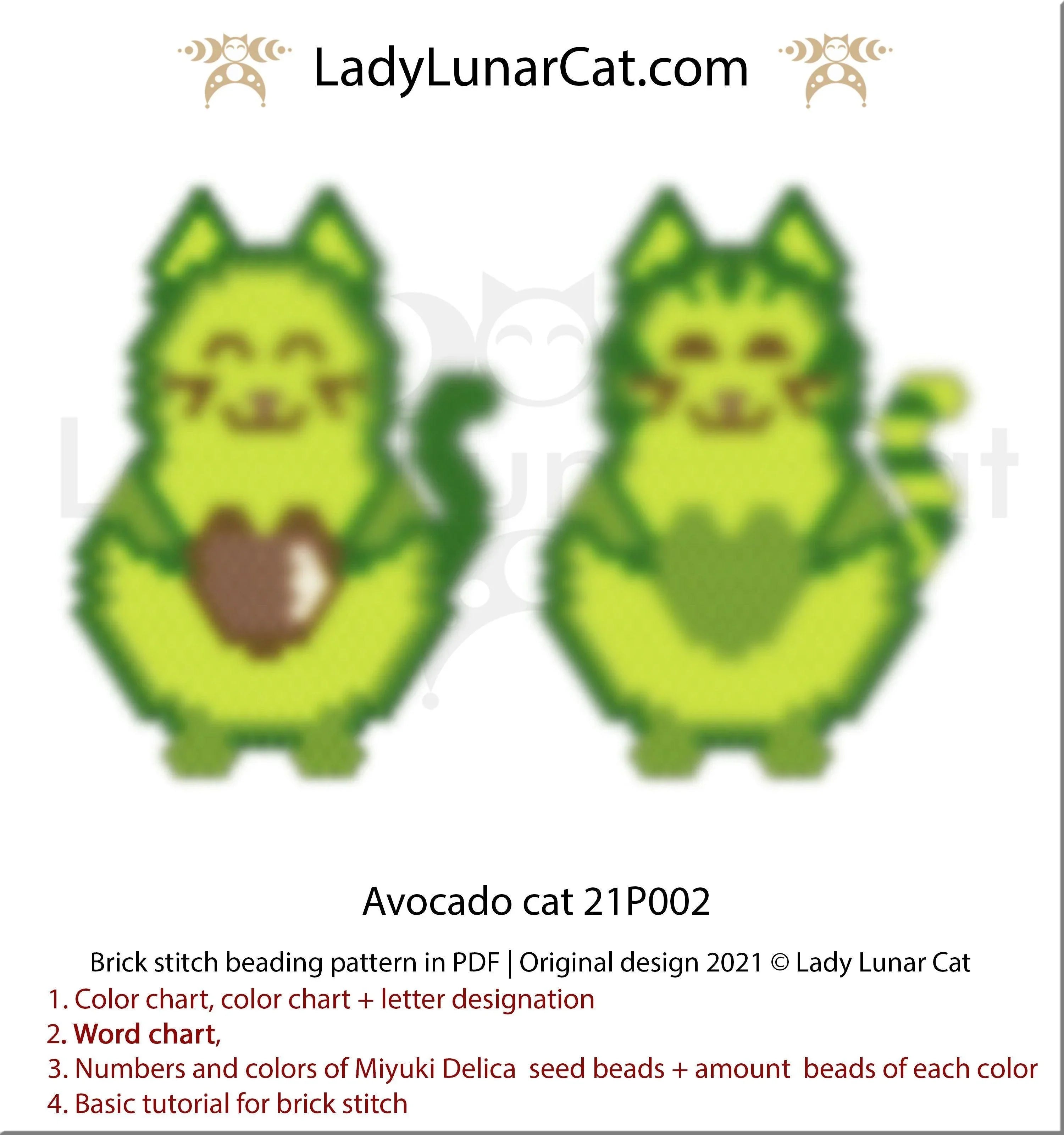 Avocado cat brick stitch earrings pattern PDF by Lady Lunar Cat — 2 versions 21P002