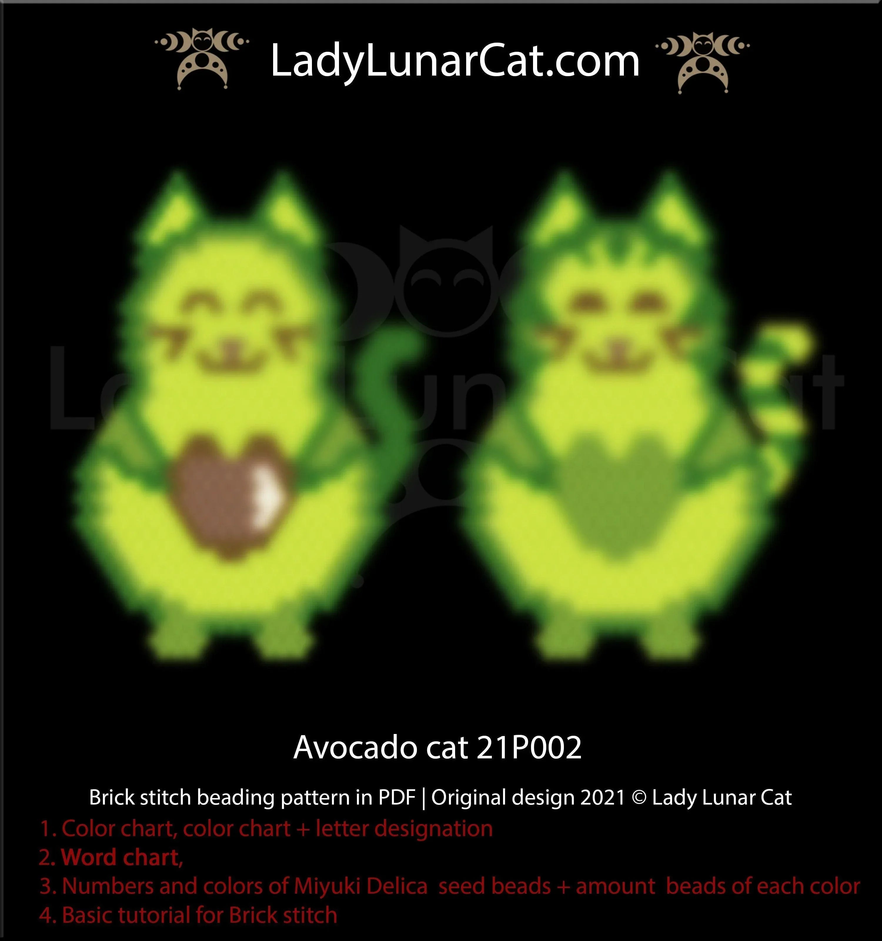 Avocado cat brick stitch earrings — 2 versions, 6 & 5 colors, 41×24 beads, Miyuki Delica 11/0