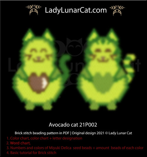 Avocado cat brick stitch earrings — 2 versions, 6 & 5 colors, 41×24 beads, Miyuki Delica 11/0