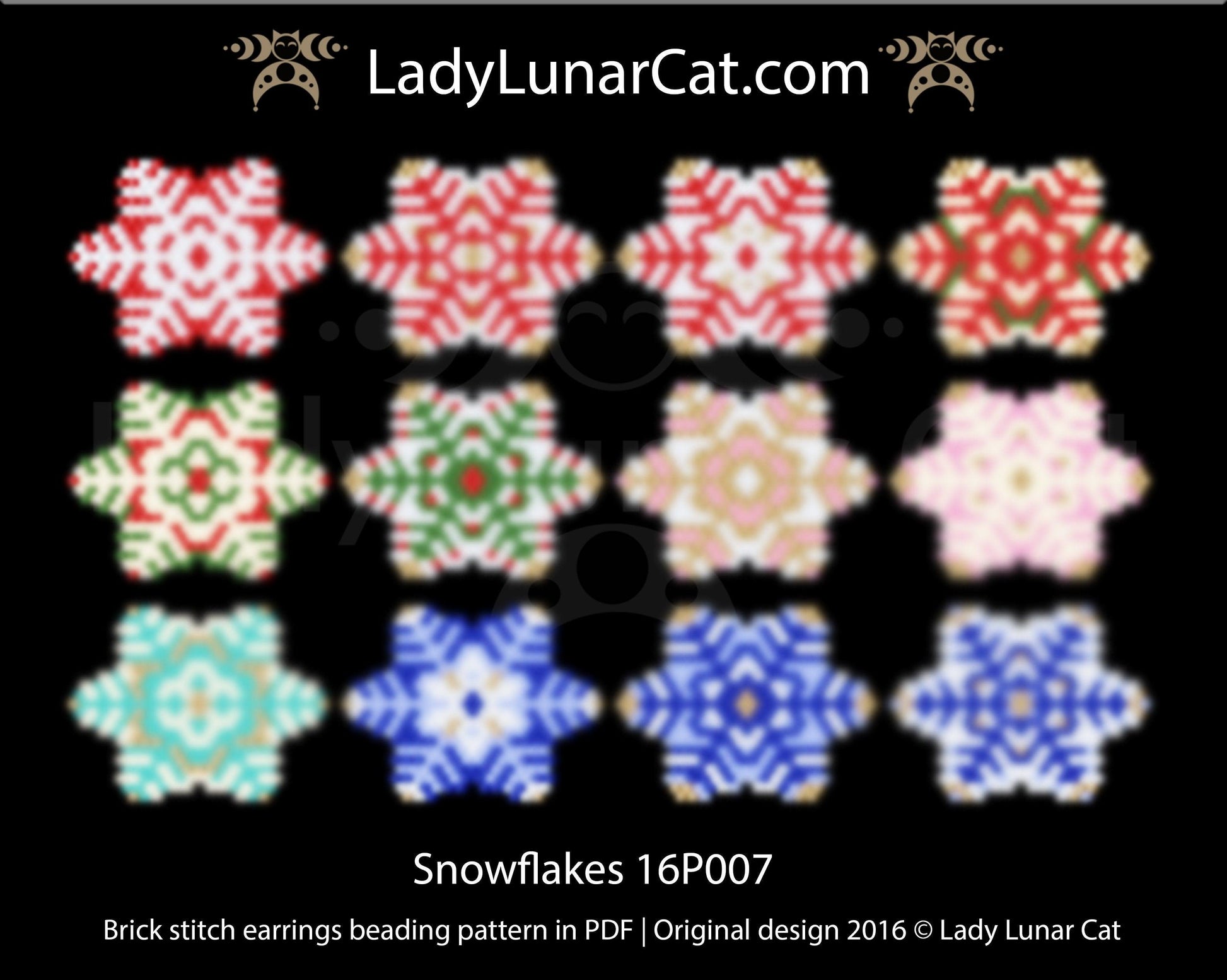 Brick stitch pattern for beading Snowflakes 16P007 | Winter Beaded earrings tutorial LadyLunarCat