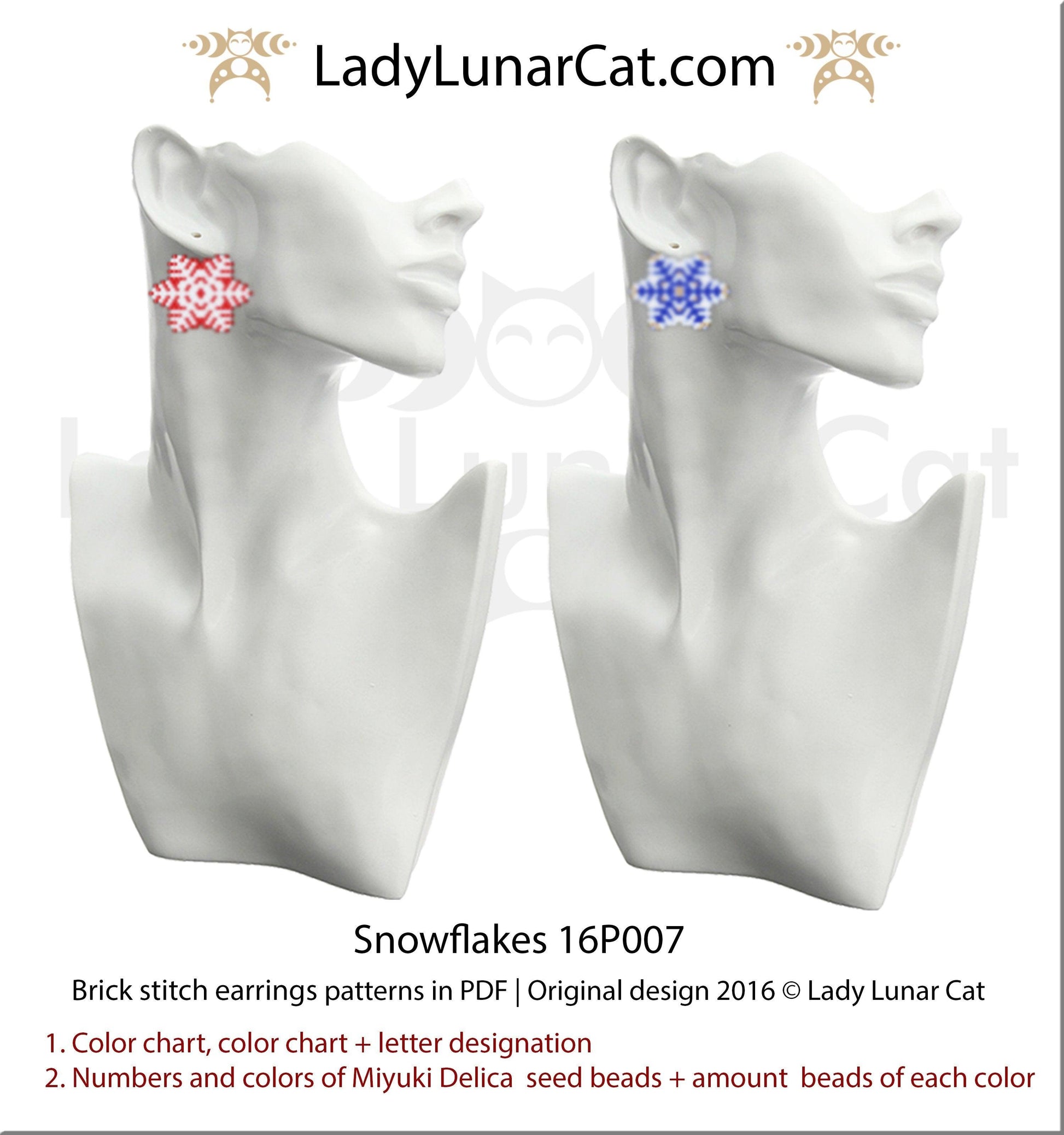 Brick stitch pattern for beading Snowflakes 16P007 | Winter Beaded earrings tutorial LadyLunarCat