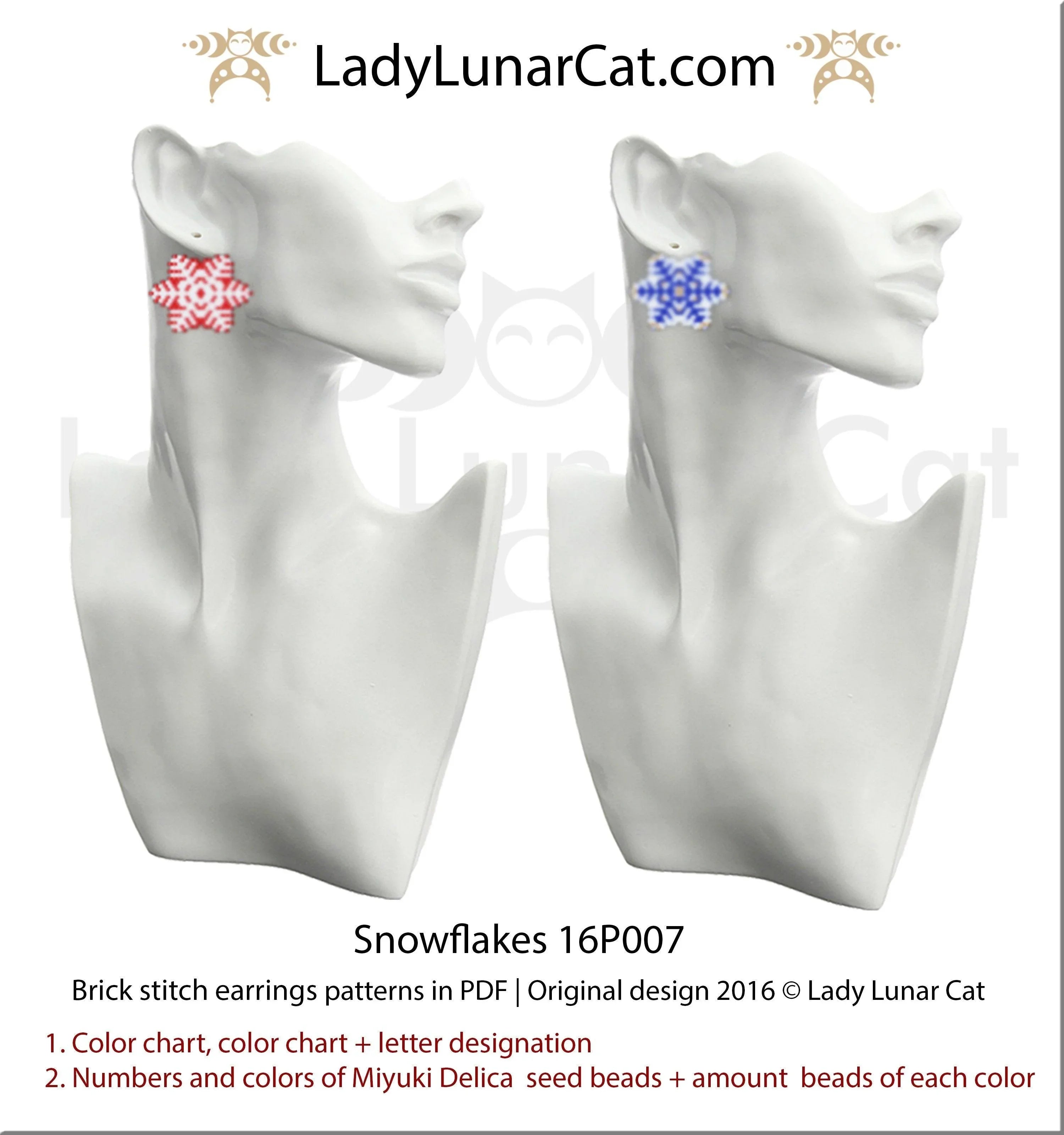 Snowflake beaded earrings 12 designs — Christmas winter quick make brick stitch beading LadyLunarCat