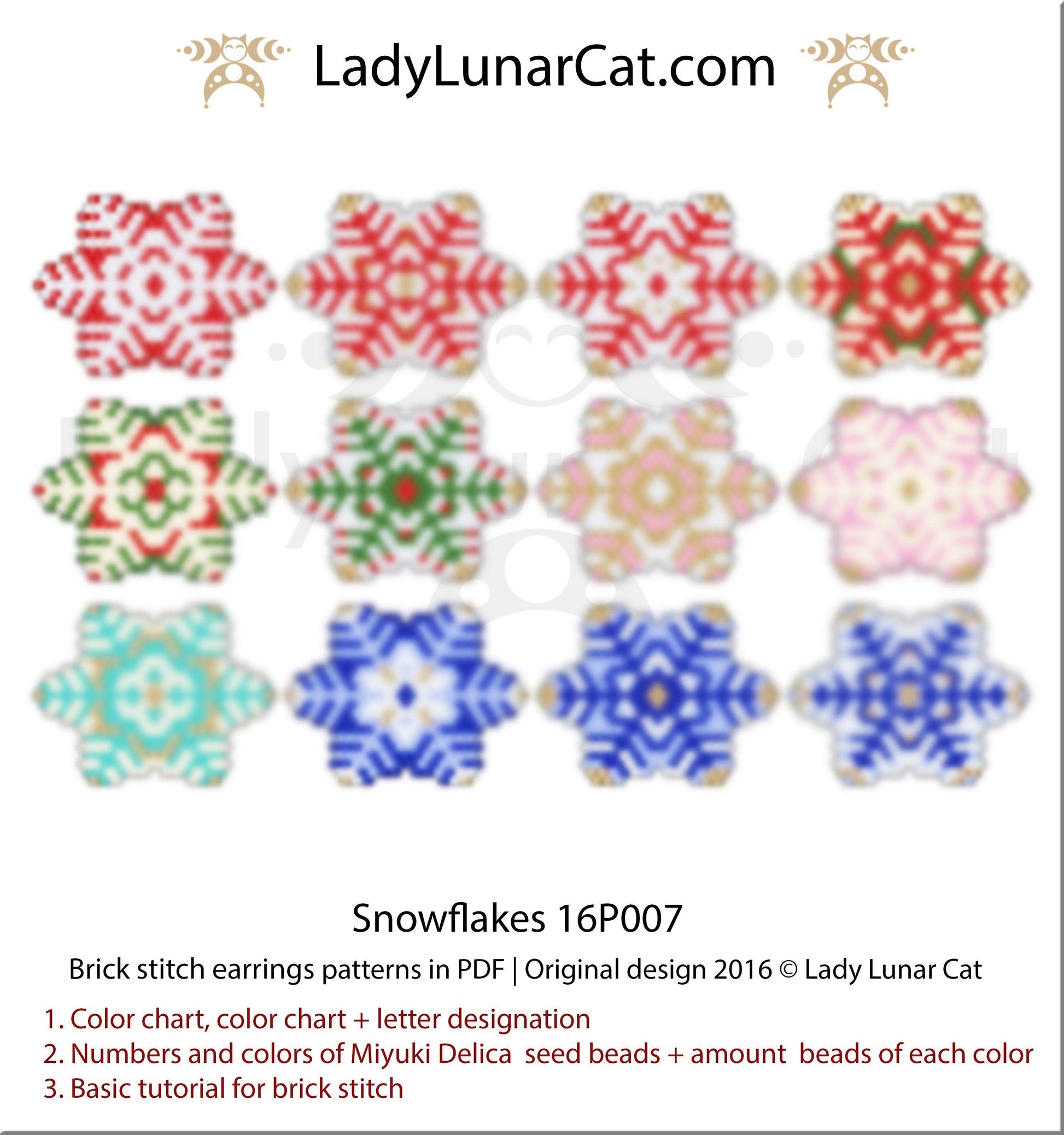 Brick stitch pattern for beading Snowflakes 16P007 | Winter Beaded earrings tutorial LadyLunarCat