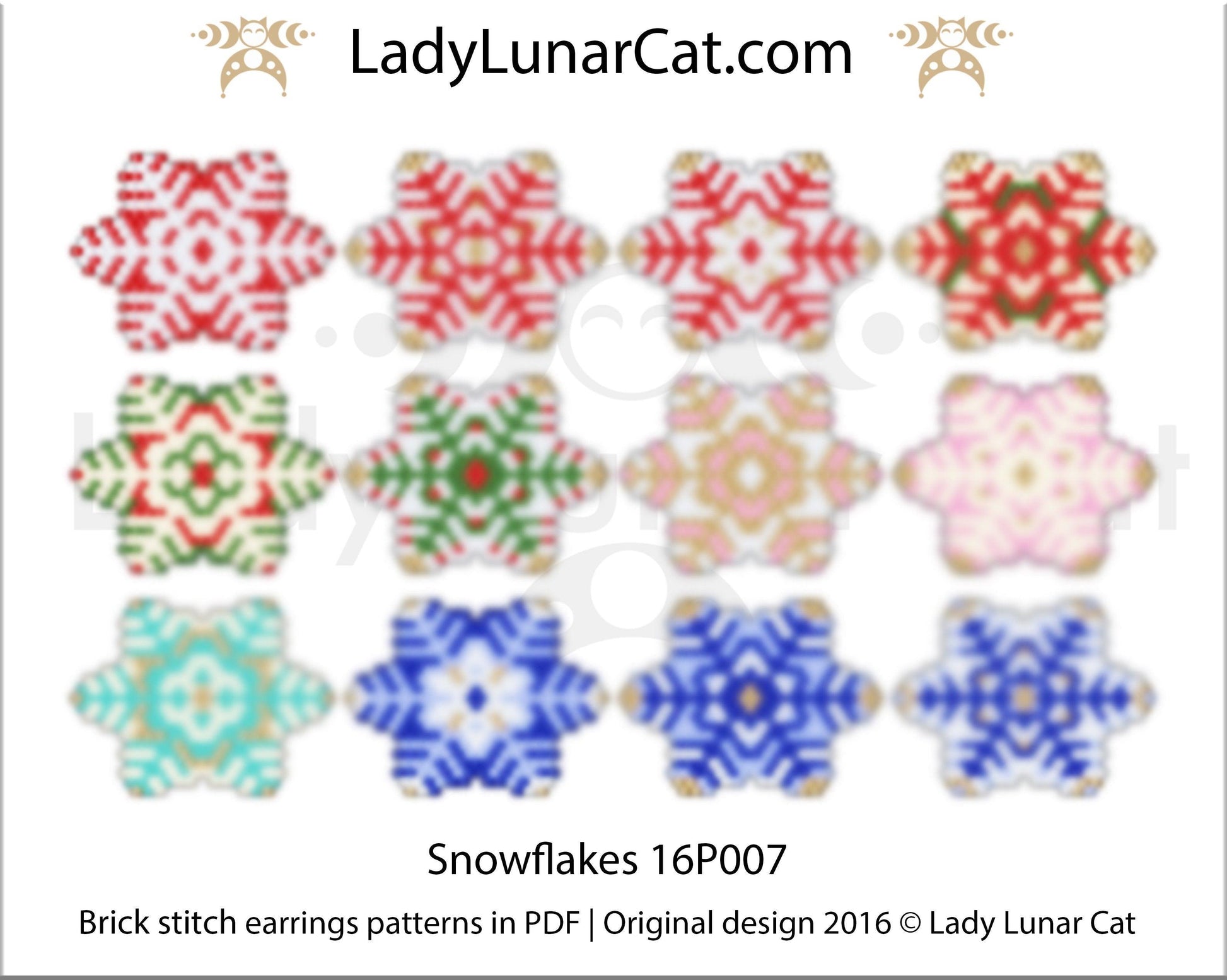 Brick stitch pattern for beading Snowflakes 16P007 | Winter Beaded earrings tutorial LadyLunarCat