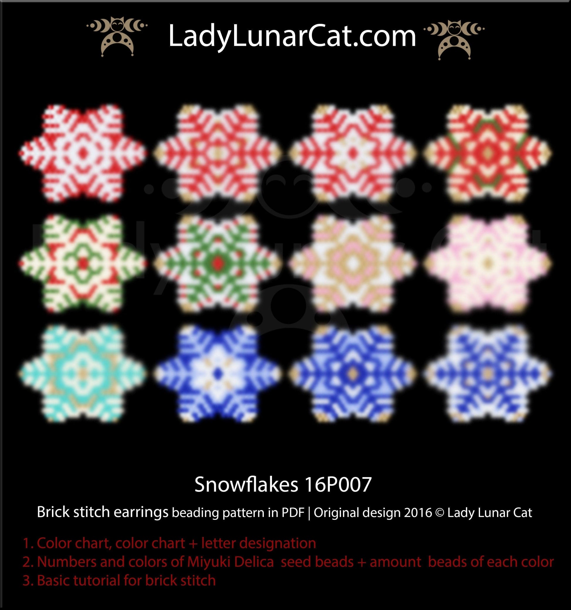 Brick stitch pattern for beading Snowflakes 16P007 | Winter Beaded earrings tutorial LadyLunarCat