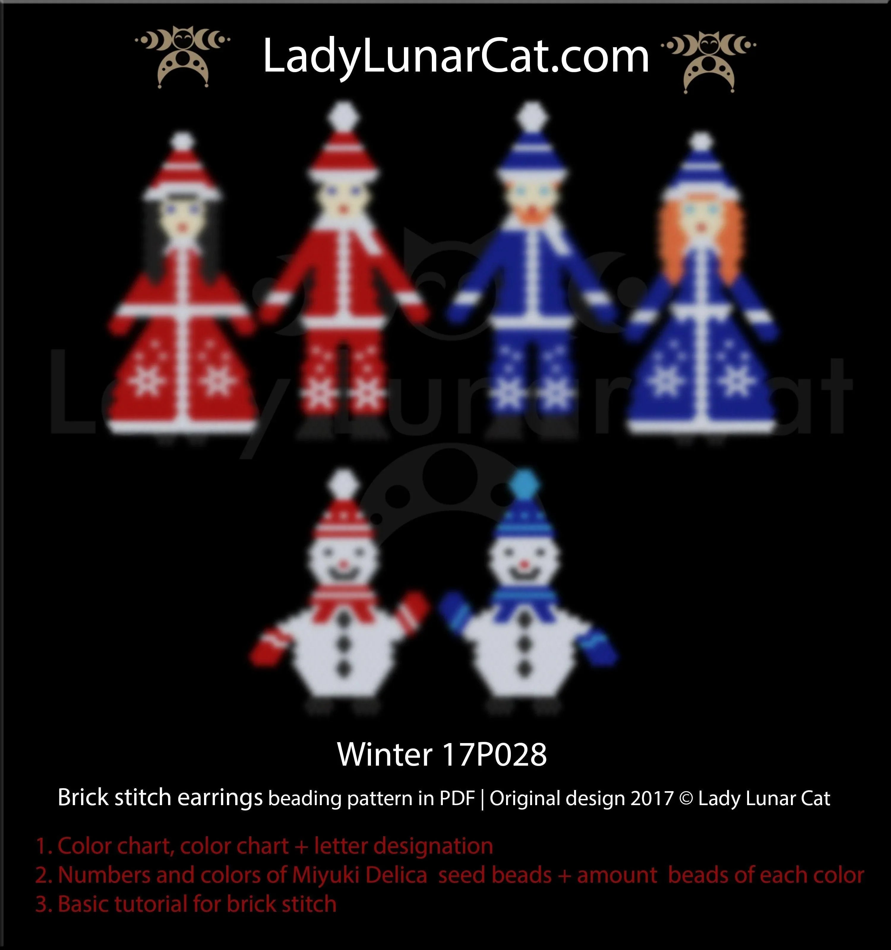 Winter brick stitch earrings 3 designs — snowman snowflake vintage Christmas quick make beading LadyLunarCat