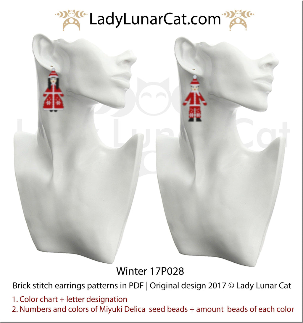 Brick stitch pattern for beading Winter 17P028 | Christmas beaded earrings tutorial LadyLunarCat