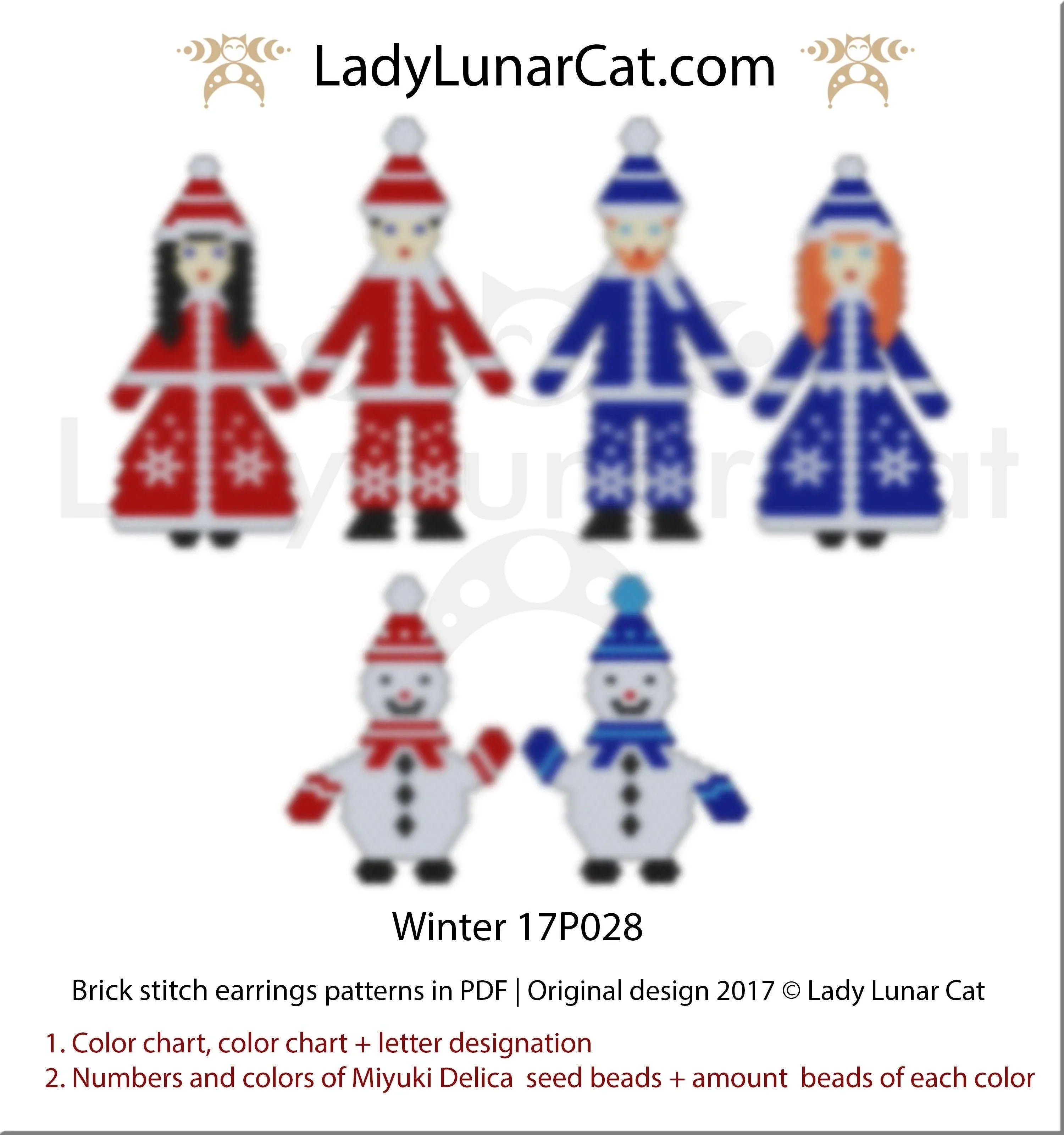 Winter brick stitch earrings by Lady Lunar Cat — 3 designs snowman snowflake Christmas beading PDF 17P028